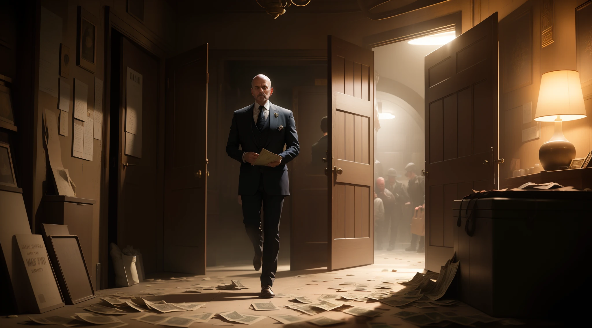 In a dimly lit underground vault, a man finds himself surrounded by the cold steel walls of a bank vault. The air is tinged with the faint scent of metal and dust, and a low hum of ventilation provides the only constant sound. Stacks of currency, both crisp bills and weathered notes, lay strewn across the floor, creating an opulent mosaic of wealth at his feet. The flickering light from an overhead bulb casts eerie shadows across the room, giving the scene an almost surreal quality.
Against one wall, towering shelves stretch upward, their polished surfaces gleaming like mirrors. These shelves are lined with neat rows of safety deposit boxes, each door sporting a unique combination of numbers and letters. Some of the boxes stand open, revealing their contents—diamond-studded watches, glinting gold bars, and precious gemstones that catch the light and send colorful reflections dancing around the room.
The man's footsteps echo as he paces among the riches, his fingers brushing against the cool, smooth edges of the money stacks. The crisp notes crinkle faintly beneath his touch, a tangible reminder of the overwhelming fortune surrounding him. A leather duffle bag sits discarded on the ground, its zipper half-open as if it couldn't contain the sheer abundance of wealth it was meant to hold.
As the man moves, his gaze is drawn to a heavy steel door on the far side of the room. It stands slightly ajar, revealing a tantalizing glimpse of the vault's entrance—an imposing circular door with intricate gears and locking mechanisms. The vault's history is palpable, its weighty presence evoking both the security and secrecy it was designed to uphold.
In this surreal tableau, the man's emotions are a mix of awe, excitement, and perhaps a hint of trepidation. He stands alone within this haven of riches, a modern-day Midas with the world's wealth at his fingertips, yet surrounded by the very symbols of security that keep it all confined, in a modern bank.