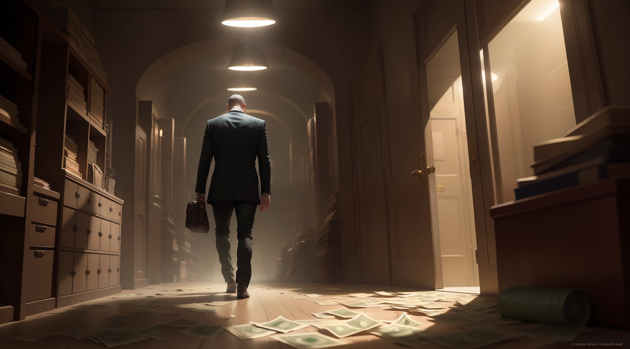In a dimly lit underground vault, a man finds himself surrounded by the cold steel walls of a bank vault. The air is tinged with the faint scent of metal and dust, and a low hum of ventilation provides the only constant sound. Stacks of currency, both crisp bills and weathered notes, lay strewn across the floor, creating an opulent mosaic of wealth at his feet. The flickering light from an overhead bulb casts eerie shadows across the room, giving the scene an almost surreal quality.
Against one wall, towering shelves stretch upward, their polished surfaces gleaming like mirrors. These shelves are lined with neat rows of safety deposit boxes, each door sporting a unique combination of numbers and letters. Some of the boxes stand open, revealing their contents—diamond-studded watches, glinting gold bars, and precious gemstones that catch the light and send colorful reflections dancing around the room.
The man's footsteps echo as he paces among the riches, his fingers brushing against the cool, smooth edges of the money stacks. The crisp notes crinkle faintly beneath his touch, a tangible reminder of the overwhelming fortune surrounding him. A leather duffle bag sits discarded on the ground, its zipper half-open as if it couldn't contain the sheer abundance of wealth it was meant to hold.
As the man moves, his gaze is drawn to a heavy steel door on the far side of the room. It stands slightly ajar, revealing a tantalizing glimpse of the vault's entrance—an imposing circular door with intricate gears and locking mechanisms. The vault's history is palpable, its weighty presence evoking both the security and secrecy it was designed to uphold.
In this surreal tableau, the man's emotions are a mix of awe, excitement, and perhaps a hint of trepidation. He stands alone within this haven of riches, a modern-day Midas with the world's wealth at his fingertips, yet surrounded by the very symbols of security that keep it all confined, in a modern bank.