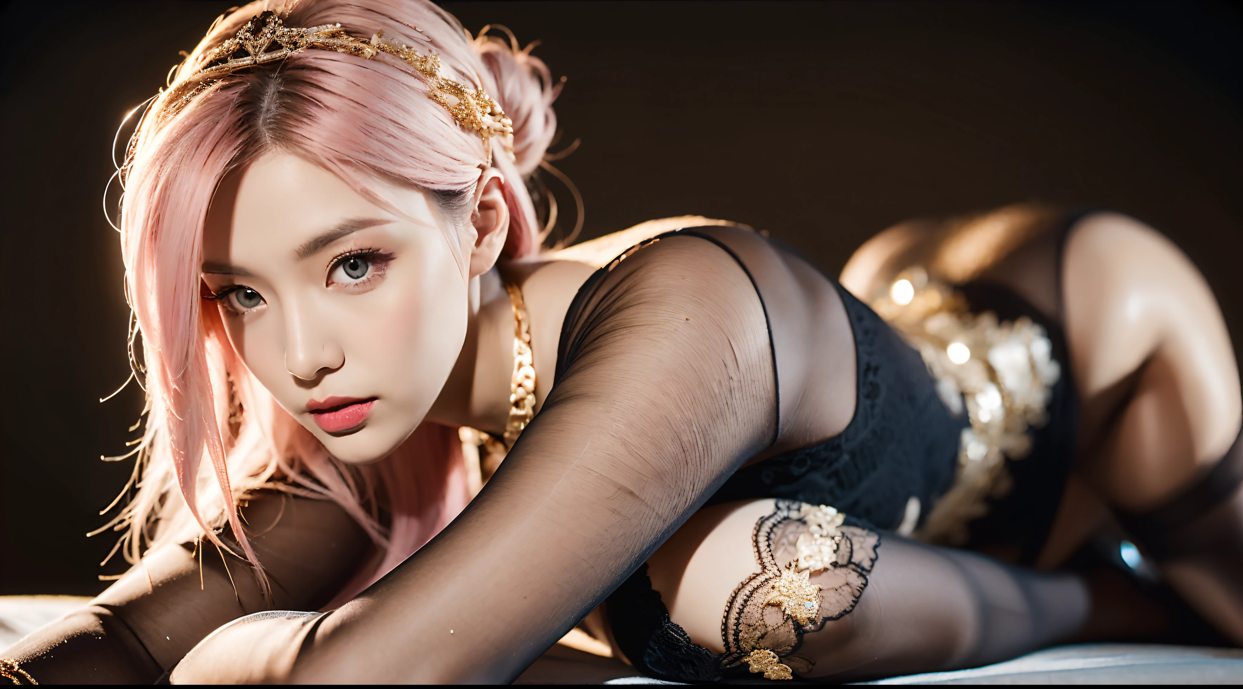 Model pose，Pink hair beauty in double bun，Charming eyes，The skin is delicate，Bigchest，Yellow uniform，The lace black stockings are depicted in great detail，Gold ornaments are meticulously depicted on long legs，Ultra-high-definition close-up shooting，high-heels，softlighting，the street