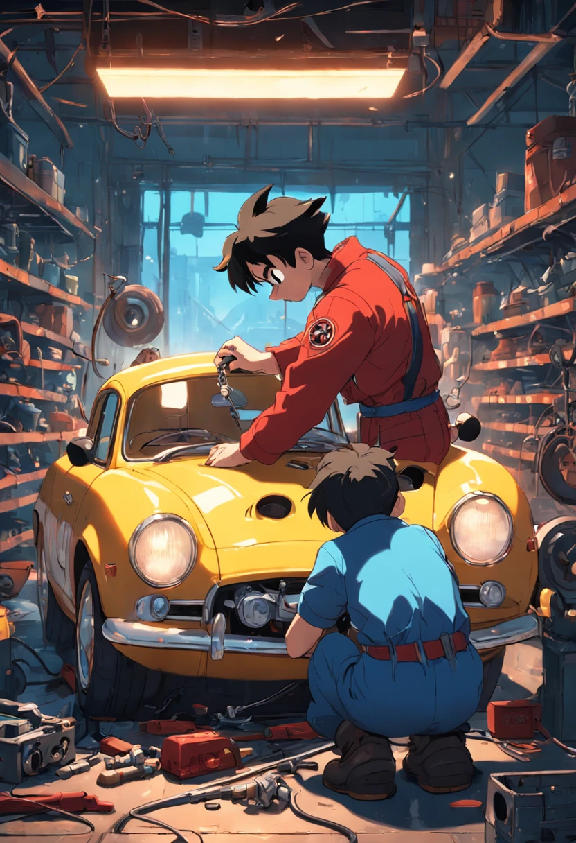 A masterpiece Mickey Mouse as a Mechanic fixing a car, perfect body, perfect head, HD