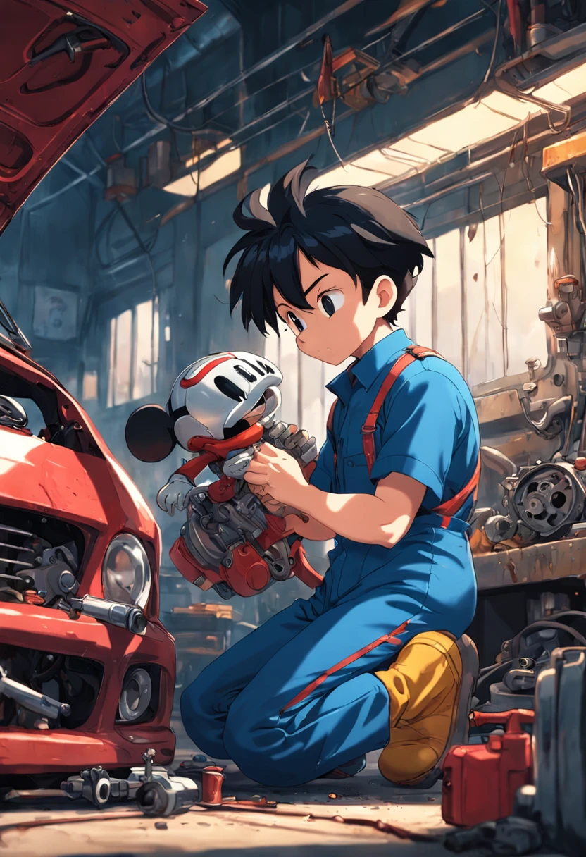 A masterpiece Mickey Mouse as a Mechanic fixing a car, perfect body, perfect head, HD