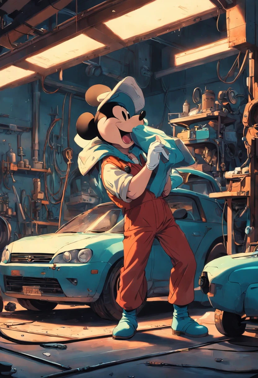 A masterpiece Mickey Mouse as a Mechanic fixing a car, perfect body, perfect head, HD
