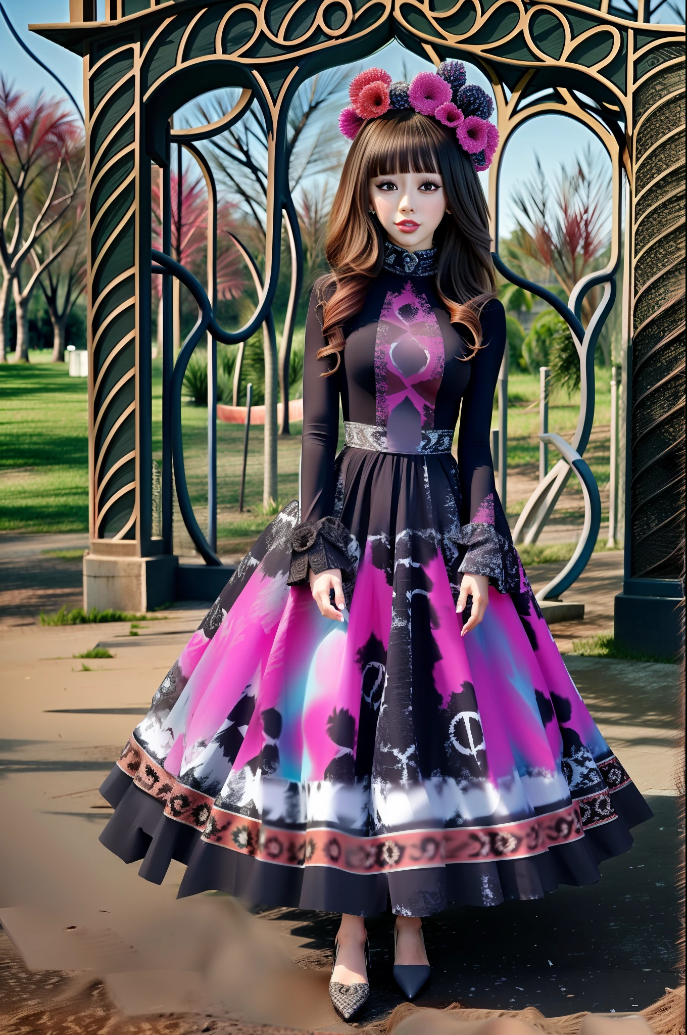 En un hermoso parque una mujer de aspecto moderno. It has a very colorful and striking kawaii gothic style.., con un maquillaje elegante y una peluca colorida.