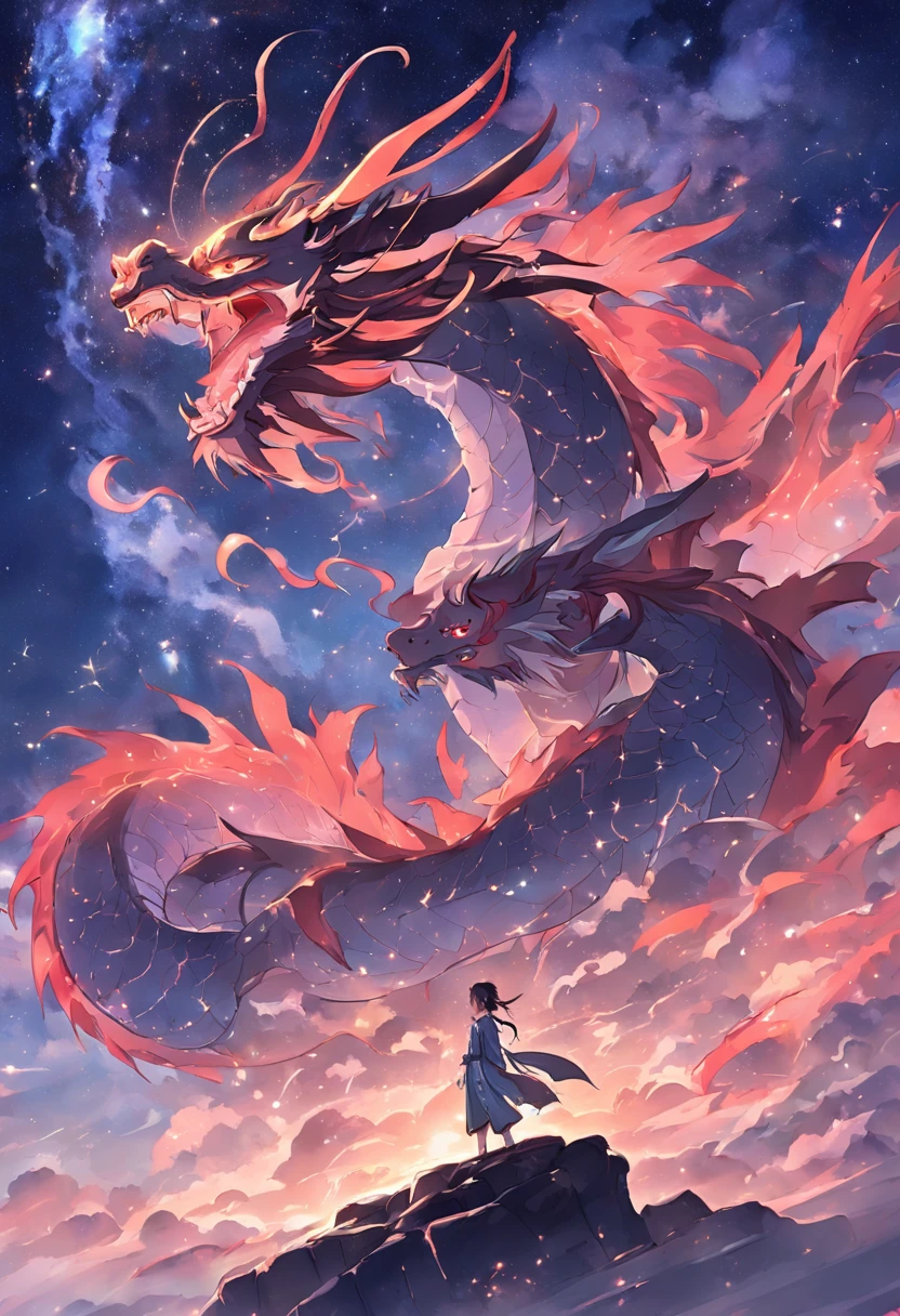 (Ying Dragon God), (Through the Clouds), (Top of the Mountains), (Complex), (Super Detail), (Starry Sky Background), (Stout Limbs), (Moon Night), (Ultra Clear), (Best Quality)