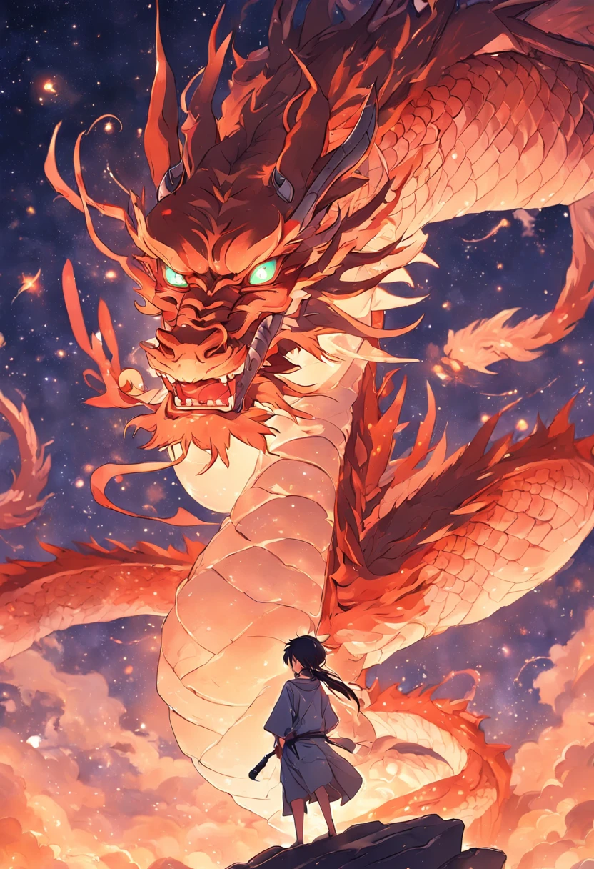 (Ying Dragon God), (Through the Clouds), (Top of the Mountains), (Complex), (Super Detail), (Starry Sky Background), (Stout Limbs), (Moon Night), (Ultra Clear), (Best Quality)