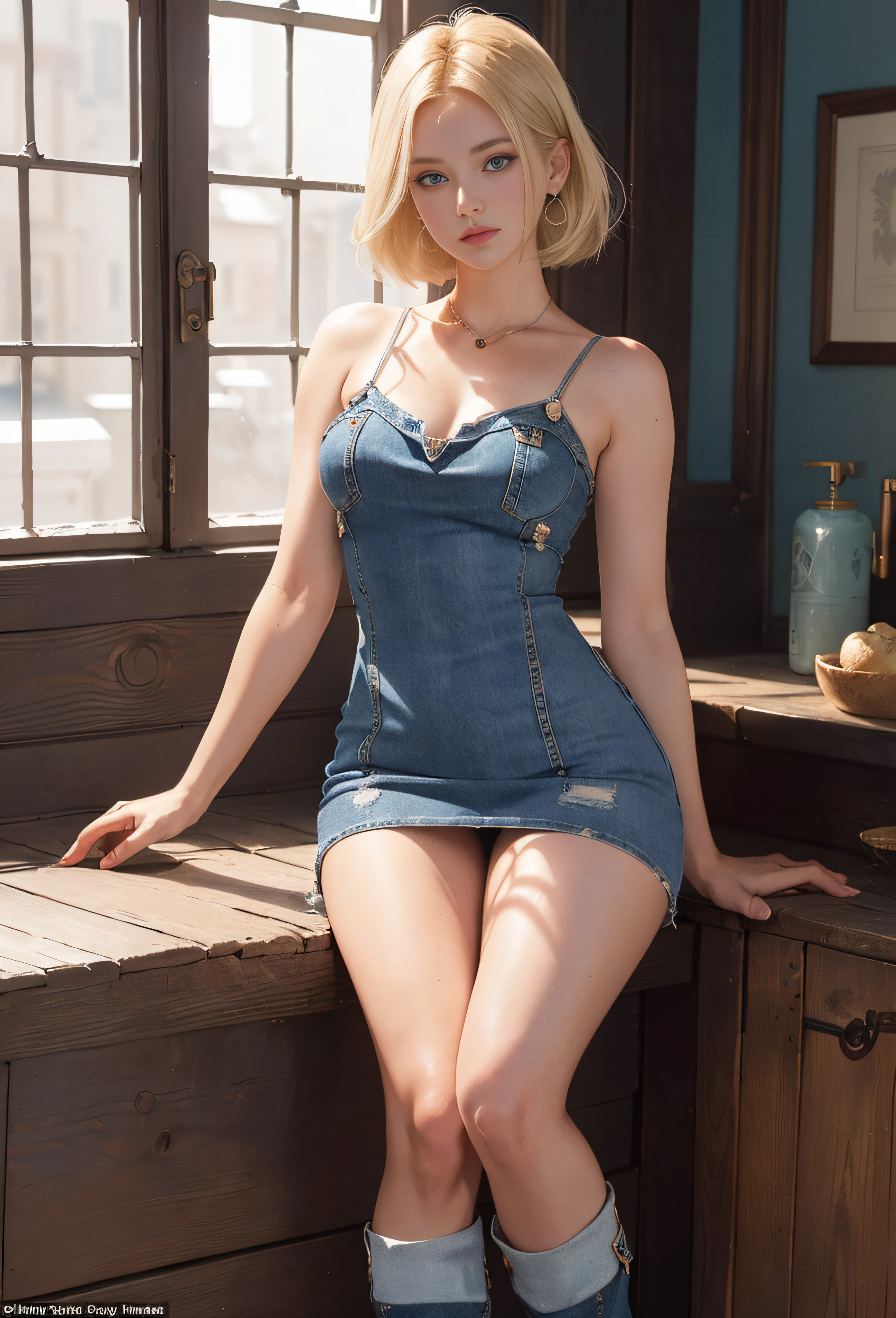 (cowboyshot: 1.2), (ANDROID_18, AND18\(dragon ball z\), (finely detailed beautiful eyes and detailed face), (face through thigh: 1.4), (knee shot: 1.2), blonde hair, solo, lady, (beautiful background), :), dynamic angle, blue eyes, light face, sunlight, (bright face: 1.2), very wide hips, very thick thighs, (full body shot), solo, blonde hair, blue eyes, short hair, earrings, jewelry, (with a gorgeous denim cami mini dress fitted to Mary Quant's style)), boots