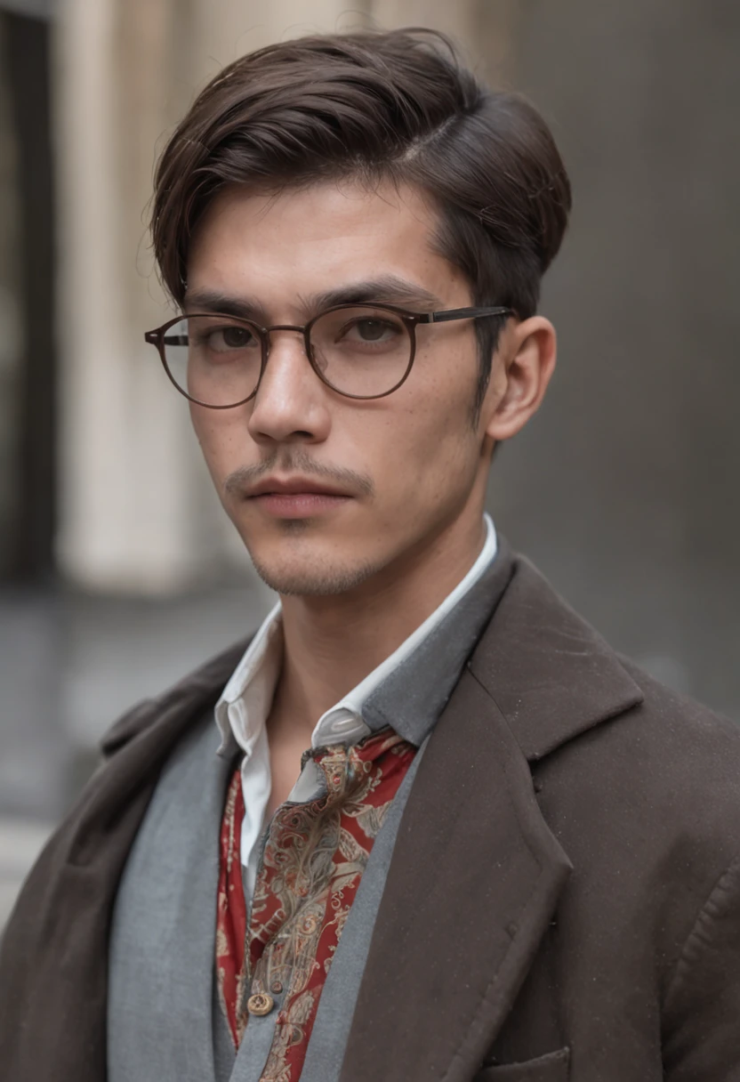 Imagine um homem de 27 anos com cabelos curtos e marrons escuros, that are carefully combed. His piercing eye is greenish, conveying a mixture of mystery and intensity. Ele veste grande, bright prescription glasses resembling fly eyes, giving it a peculiar and mysterious appearance. your body is defined, embora esteja ocultado por vestes largas, suggesting a relaxed style of dress. On your arm, ele tem uma tatuagem intrincada, which is a mixture of symbols and images, telling a unique and enigmatic story. Around your neck, He wears a cord with the symbol of an extraterrestrial, adding an extra dose of mystery to your persona. He's in an urban environment, with tall buildings in the background, indicando uma cidade moderna. The afternoon sunlight casts a soft glow over her, destacando sua figura e as peculiaridades de seu visual. No geral, a imagem transmite a ideia de um homem intrigante, with an enigmatic aura and a connection to the unknown