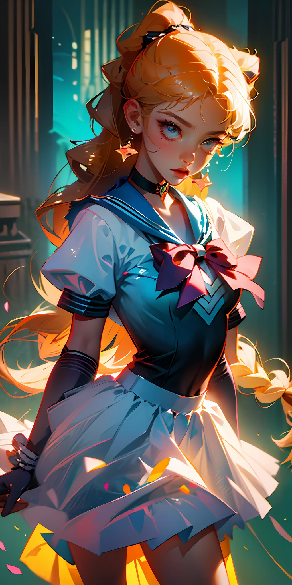 Real
((sailor senshi uniform)) with blue bow tie,
a beautiful girl,
aino minako,((sailor venus)),
side braid behind together tied with ((big red bow)),
((behind hair style is long hair)),
orange skirt,
orange sailor collar,
blonde hair,forehead
earring,
sailor senshi head ring on forehead,
white gloves with orange hem,orange choker,
orange uncle ribbon,
orange high heals, --auto --s2