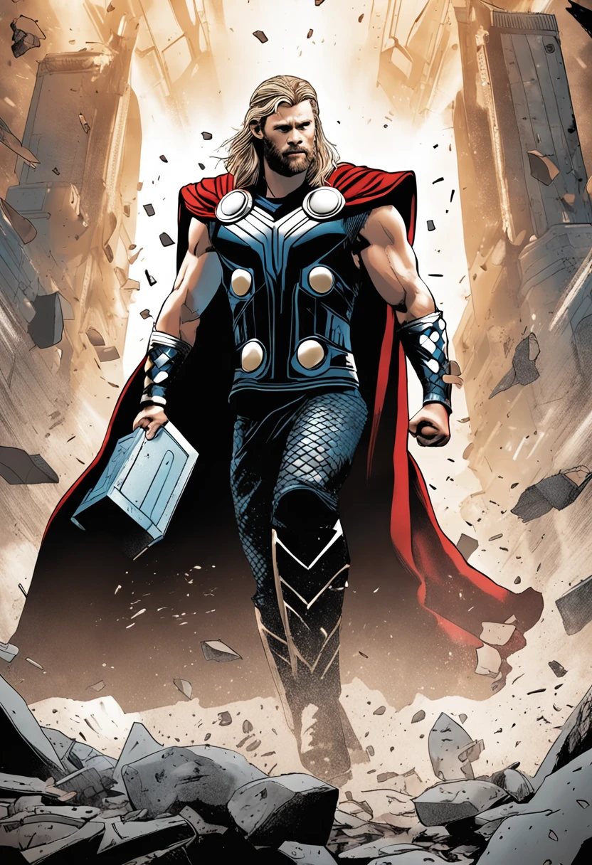 Thor da marvel, empunhando o martelo, Perfection in the layout, Chris Hemsworth