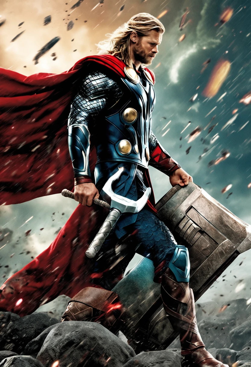 Thor da marvel, empunhando o martelo, Perfection in the layout, Chris Hemsworth