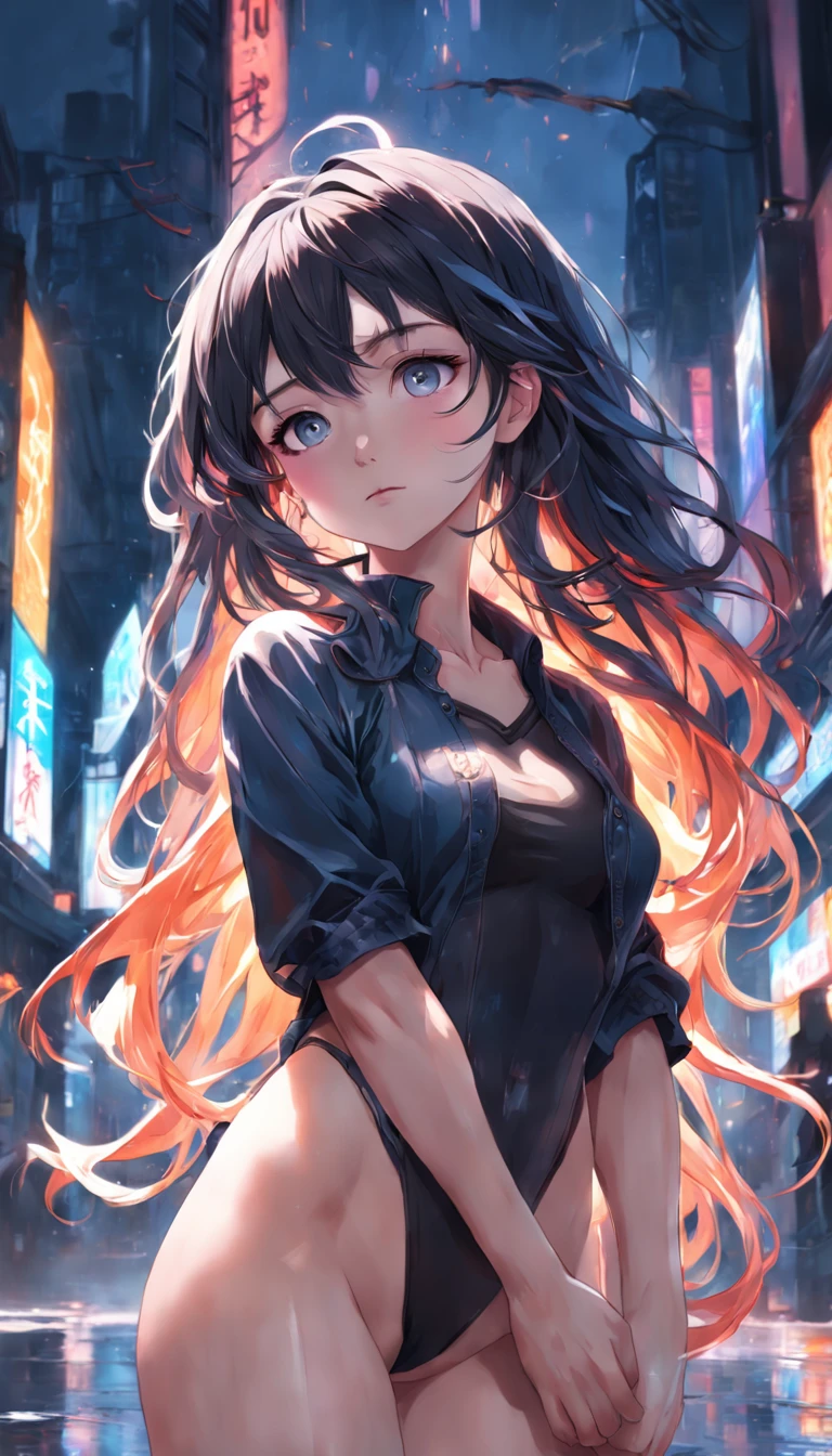 1girl, , white skin, best quality, masterpiece, Highly detailed, ultra-fine painting, sharp focus, Professional, physically-based rendering, Vivid Colors, extreme detail description, HDR,UHD,8K, Cinematic Lighting, Volumetric Lighting, illustration, slender, medium breasts, hugging own legs, head tilt, sad, wavy hair, long hair, black hair