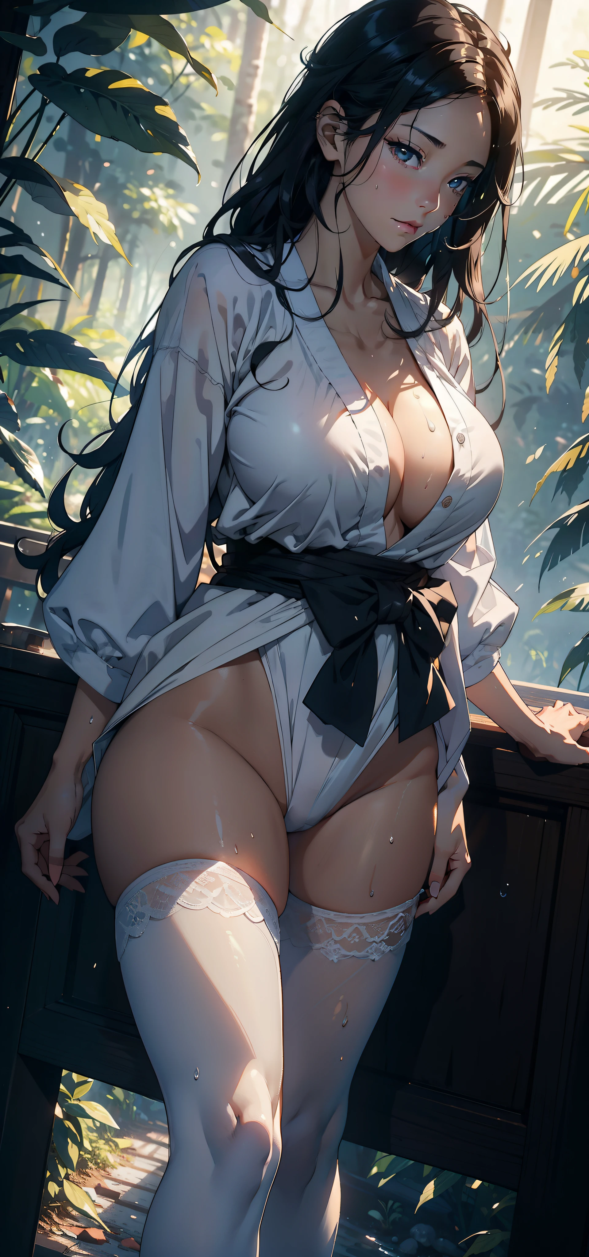 1female,25 age old,Large breasts,long leges,Big breasts Thin waist,Pornographic exposure, 独奏,(Background with:ln the forest,the rainforest,in summer) with his long black hair,standing on your feet,Sweat profusely,drenched all over the body,seen from the front, curlies, mostly cloudy sky,(((tmasterpiece),(Very detailed CG unity 8K wallpaper),best qualtiy,cinmatic lighting,detailed back ground,beatiful detailed eyes,Bright pupils,(Very fine and beautiful),(Beautiful and detailed eye description),ultra - detailed,tmasterpiece,)),facing at camera,A high resolution,ultra - detailed),revealing breasts,Bare genitalia, Bulge,Camel toes,Raised sexy,Flushed complexion,Open-mouthed,frontage,Japanese high school girl(Wearing:a sailor suit,Pantyhose)nakeness,high-heels