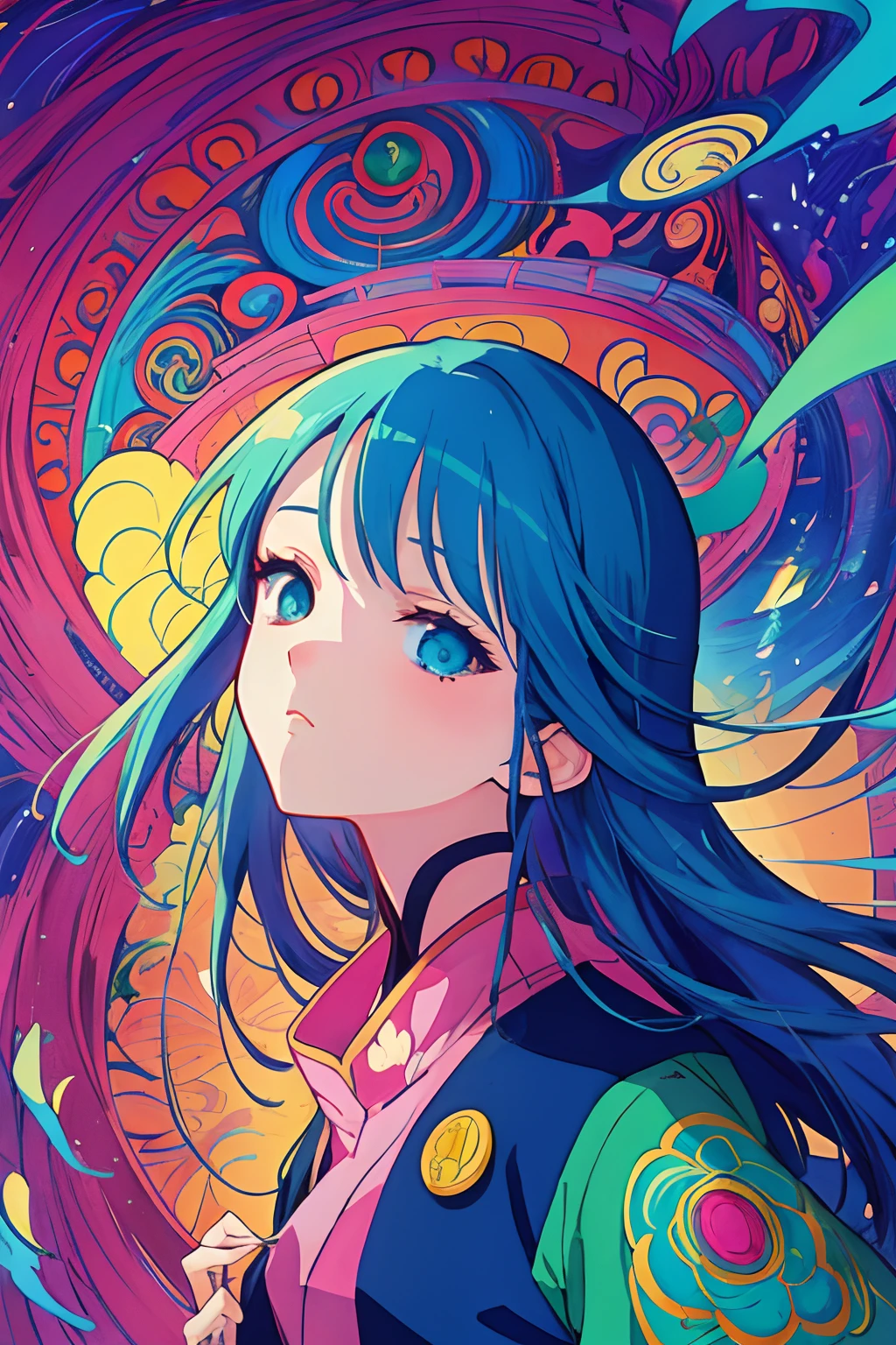 a drawing of a girl with long hair and a jacket, by Yanagawa Nobusada, korean art nouveau anime, dreamy psychedelic anime, by Ayami Kojima, beautiful anime art style, satoshi kon artstyle, beautiful anime artwork, anime illustration, anime style illustration, beautiful anime art, beautiful anime portrait, anime graphic illustration, japanese art style, anime style art