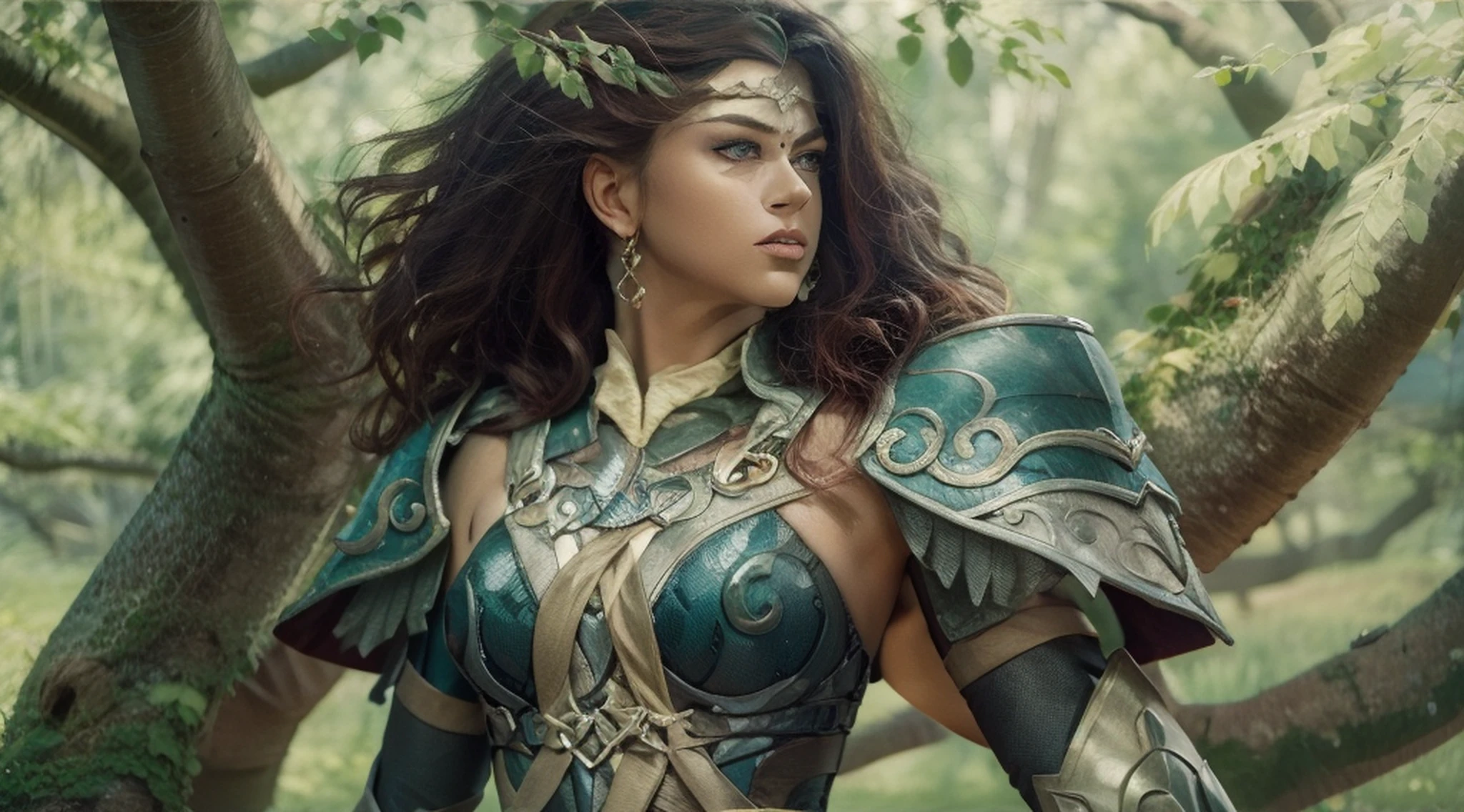 A woman alone in green queen armor standing under a cherry tree, uma bela rainha, fantasia, Rainha elfa bonita de cabelo preto e elegante, olhos verdes e com rosto bem detalhado, estilo de arte a oleo, Arte de fantasia 8k, fantasia de arte bem realista, elegant cinematic fantasy art, cenario fantastico.