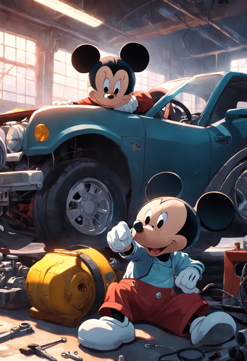 A masterpiece Mickey Mouse as a Mechanic fixing a car, perfect body, HD