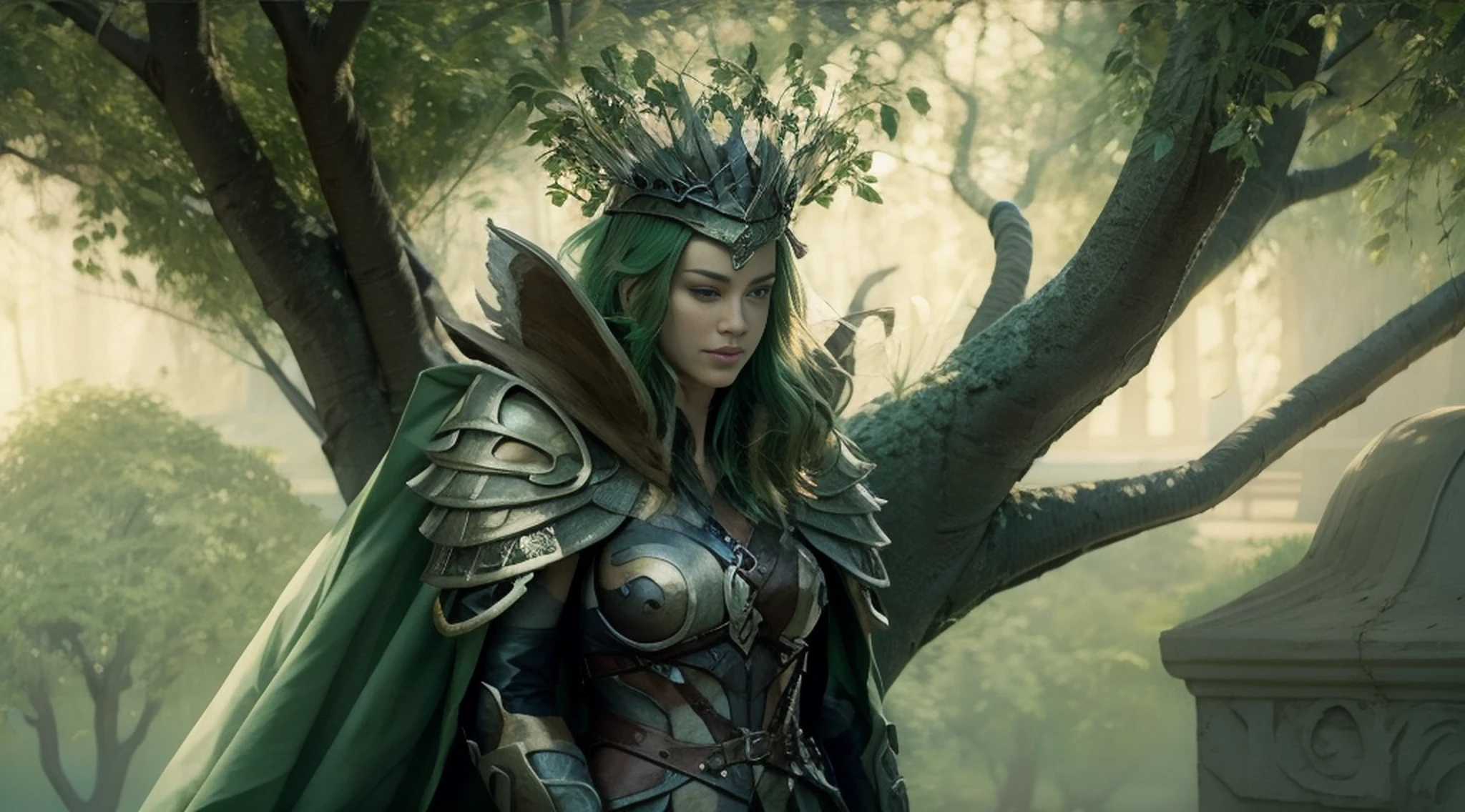 A woman alone in green queen armor standing under a cherry tree, uma bela rainha, fantasia, Rainha elfa bonita de cabelo preto e elegante, olhos verdes e com rosto bem detalhado, estilo de arte a oleo, Arte de fantasia 8k, fantasia de arte bem realista, elegant cinematic fantasy art, cenario fantastico.