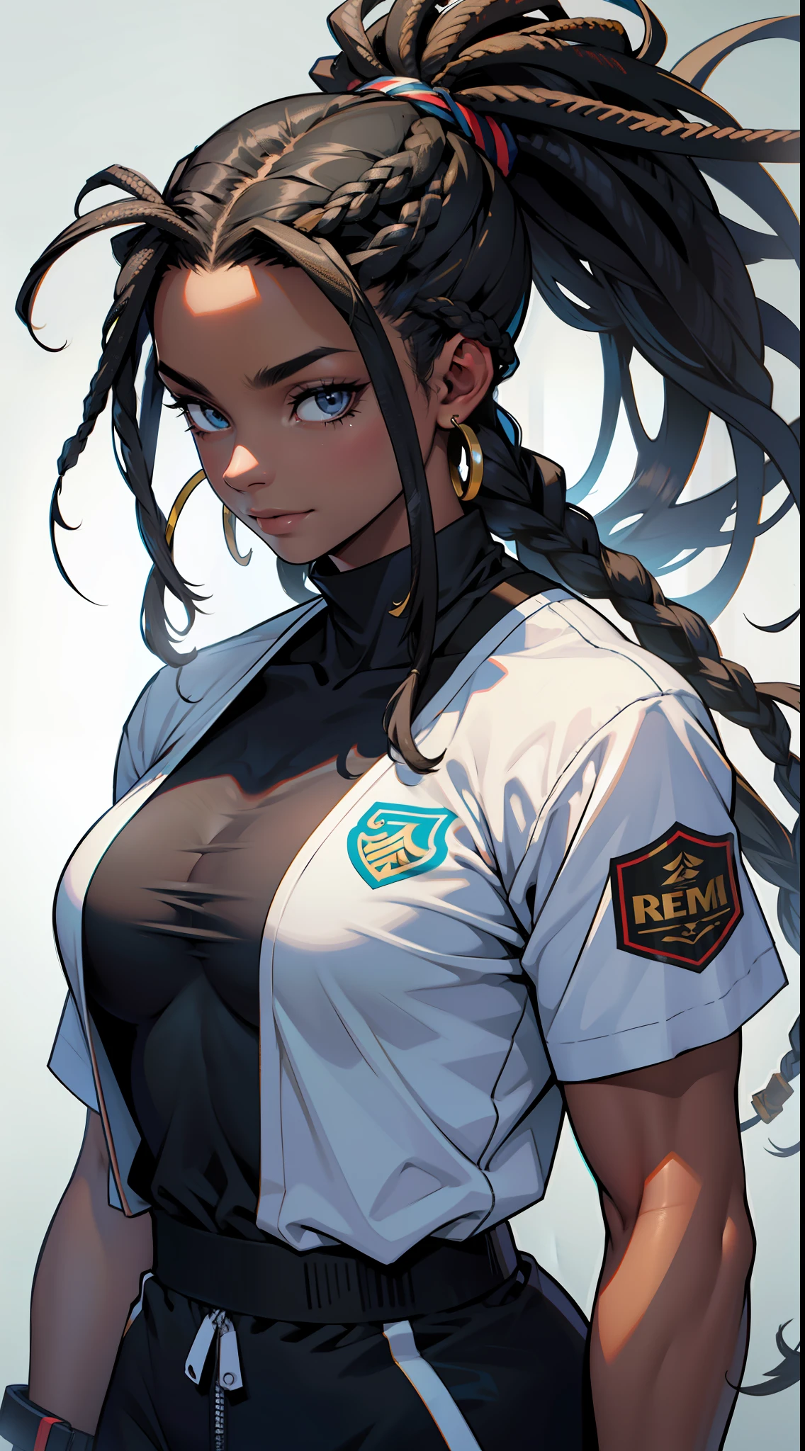 (Obra-prima), Uma mulher negra com cabelo preto, pele negra, dreadlocks, cabelo longo, cabelo solto (melhor qualidade), Ultra resolution, arte profissional, ultra detalhado, perfect lighting, corpo atletico, peitos grandes, roupa de Ninja, sorrindo, de costas para o telespectador, foco feminino