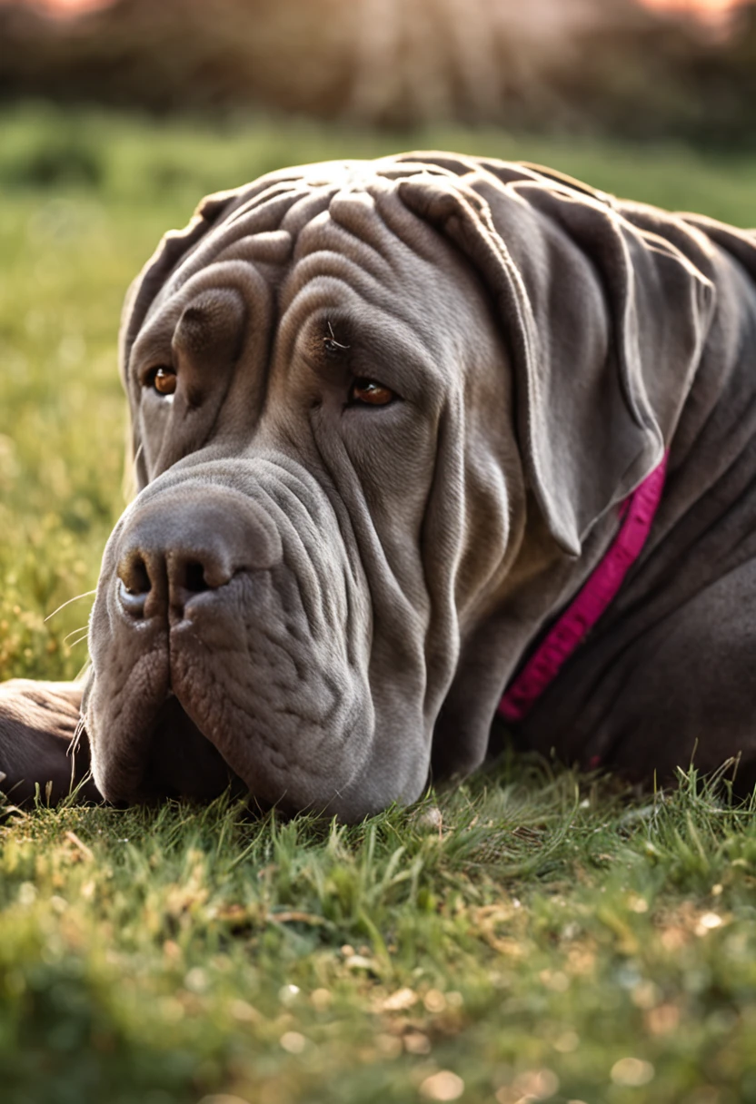 A Neapolitan Mastiff lounging in the sun on a grassy hillside in the Italian countryside, its fur glistening in the light.