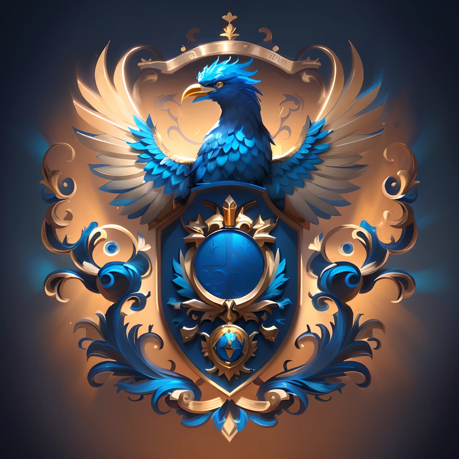 Close-up of blue and gold coat of arms with two birds, Royal insignia in the background, 8k high quality detailed art, by Fyodor Rokotov, royality, fantasy hearthstone art style, Royalcore, coat of arms, discord profile picture, Royal relief, Kingdom of Royalties, heraldry, Hearthstone Art Style, Rich blue colors, Hearthstone art, Visualized art