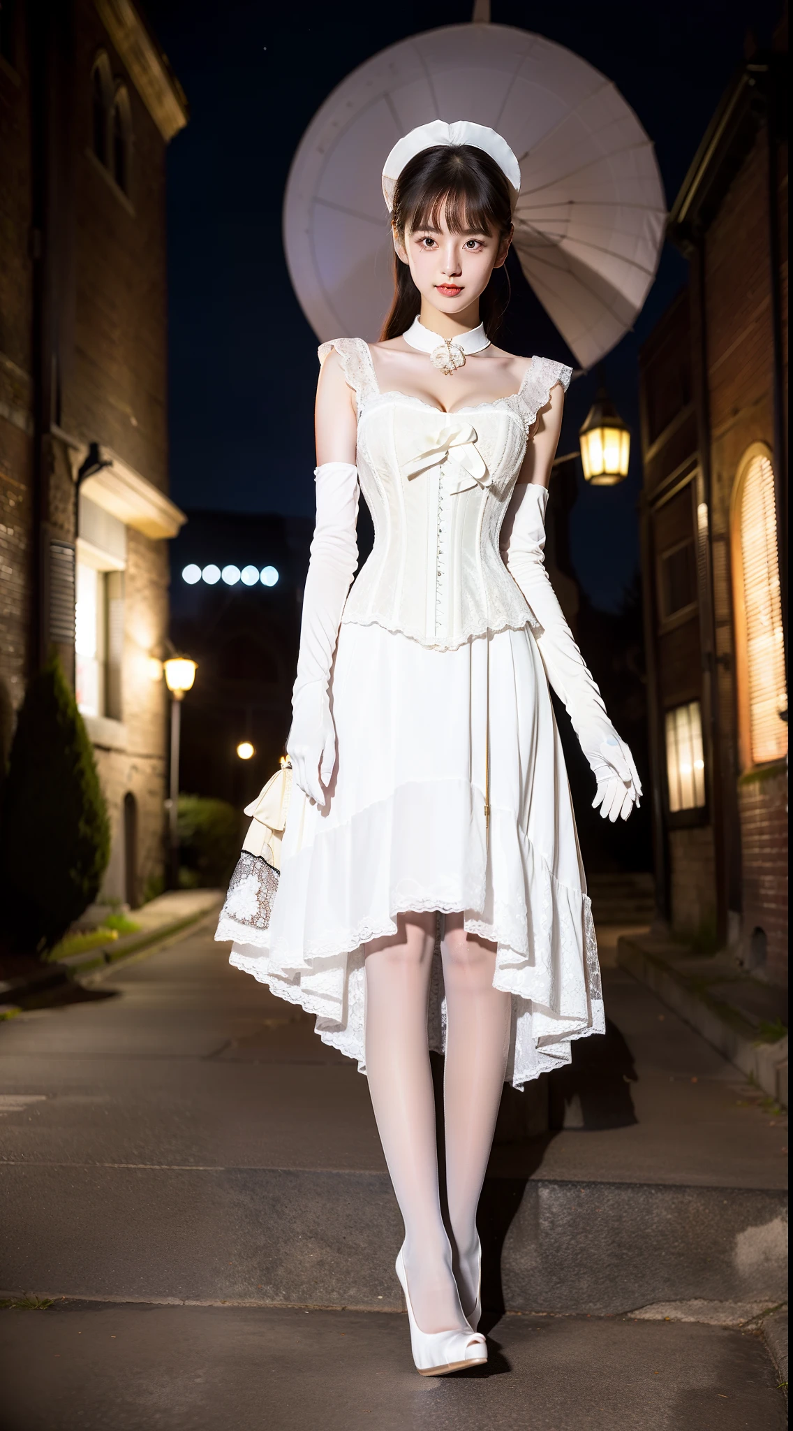 Japanese Sailor-Moon in a solid-white Lace-dress， white lace-up corset，white Eye-Mask，white stiletto heeled boots，white Long gloves for dress，transparent white pantyhose。night，outdoors，church，historic-building，grove。