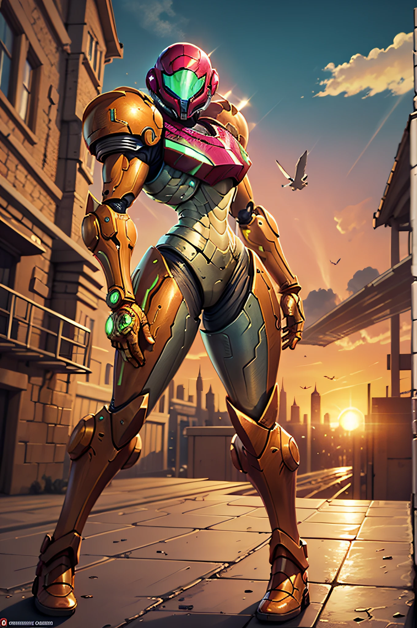 Apenas a uma bela mulher, usando traje mecha+armadura medieval+Samus Aran black costume with gold metal parts, cabelo azul, cabelo extremamente curto, cabelo com franja na frente dos olhos, helmet on the head, olhando para o espectador, (((Extroverted pose interacting and leaning on something))), em uma cidade, Vehicles, maquinas, monstros, grandes estruturas, fundo de bela paisagem com o por do sol, ((full body):1.5) ,((Super Metroid)), 16k, UHD, best possible quality, ((ultra detailed):1), best possible resolution, Unreal Engine 5, professional photography, perfect_hands