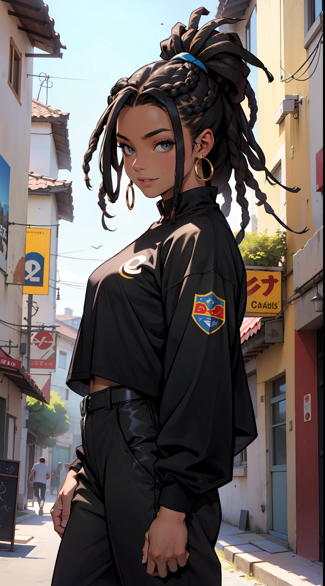 (Obra-prima), Uma mulher negra com cabelo preto, pele negra, dreadlocks, cabelo longo, cabelo solto (melhor qualidade), Ultra resolution, arte profissional, ultra detalhado, perfect lighting, corpo atletico, peitos grandes, roupa de Ninja, sorrindo, de costas para o telespectador, foco feminino, black pant