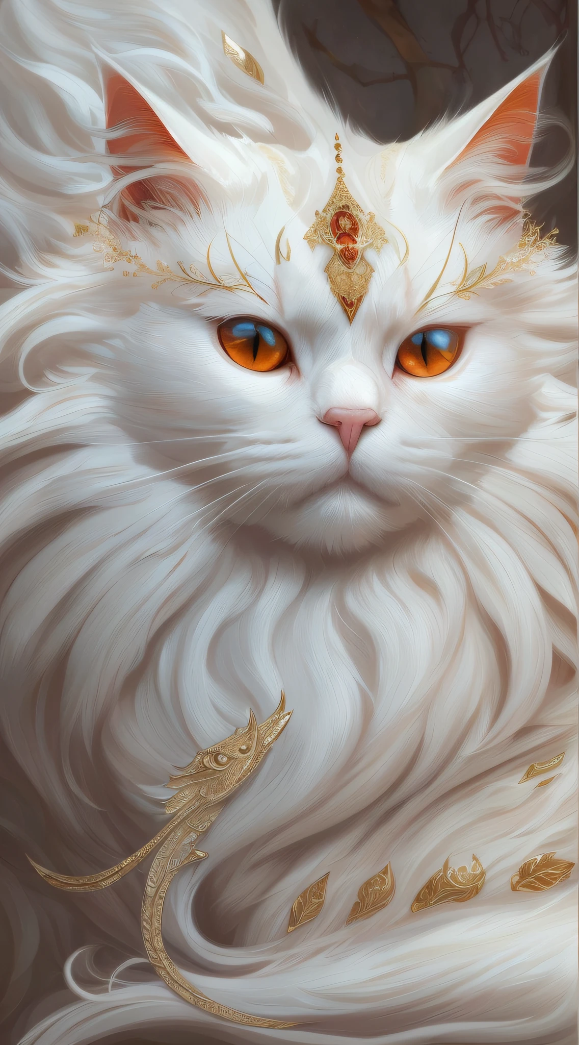 painting of a white cat with orange eyes and a gold dragon, cat. digital painting, portrait of albino mystic, adorable digital painting, cat detailed, stunning digital illustration, low detailed. digital painting, white cat, very very beautiful furry art, gorgeous digital painting, ultra detail. digital painting, cute detailed digital art, highly detailed digital painting, intricate wlop