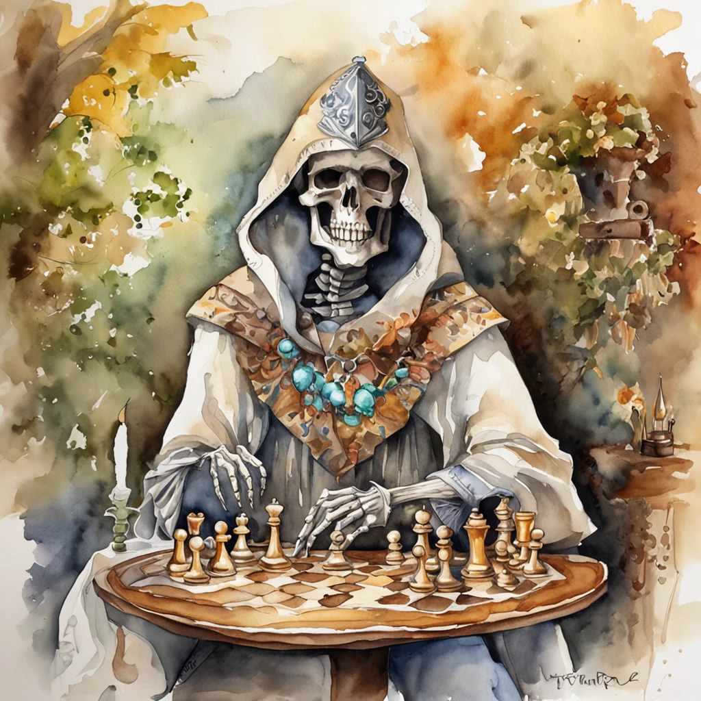 (Grim_Reaper in), (Skeleton_Monster), sits at a table, view the viewer, playing chess, Thinking, Confident demeanor, Masterpiece, Top quality, Best quality, High quality, Ultra-detailed, fire in the background, Vibrant colors, Solo, Extremely detailed