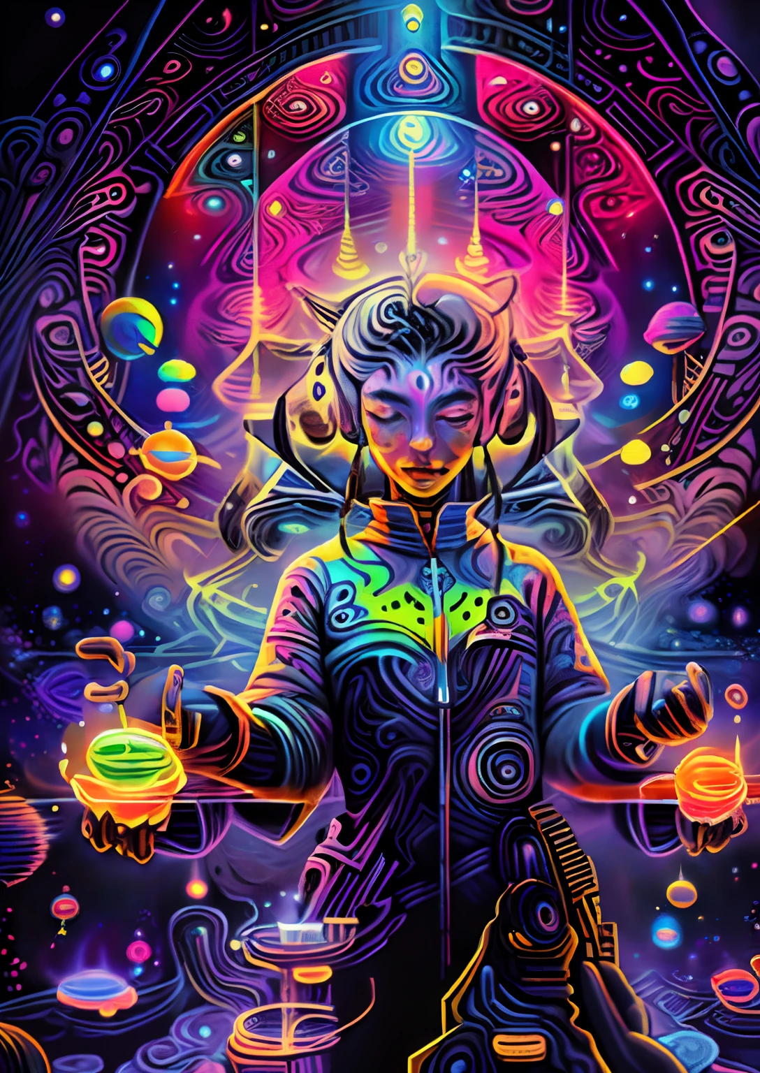 (High resolution, incredibly detailed, masterpiece), beutiful chines women with a galaxy shaped vortex neon in one hand, featuring fractal geometry neon in (vibrant colors:0.8), set against a (galactic background:1.2),neon, bringing together complex,psychedelic mesmerizing shapes and patterns.dmt .aesthetic,16k,high quality,masterpieces