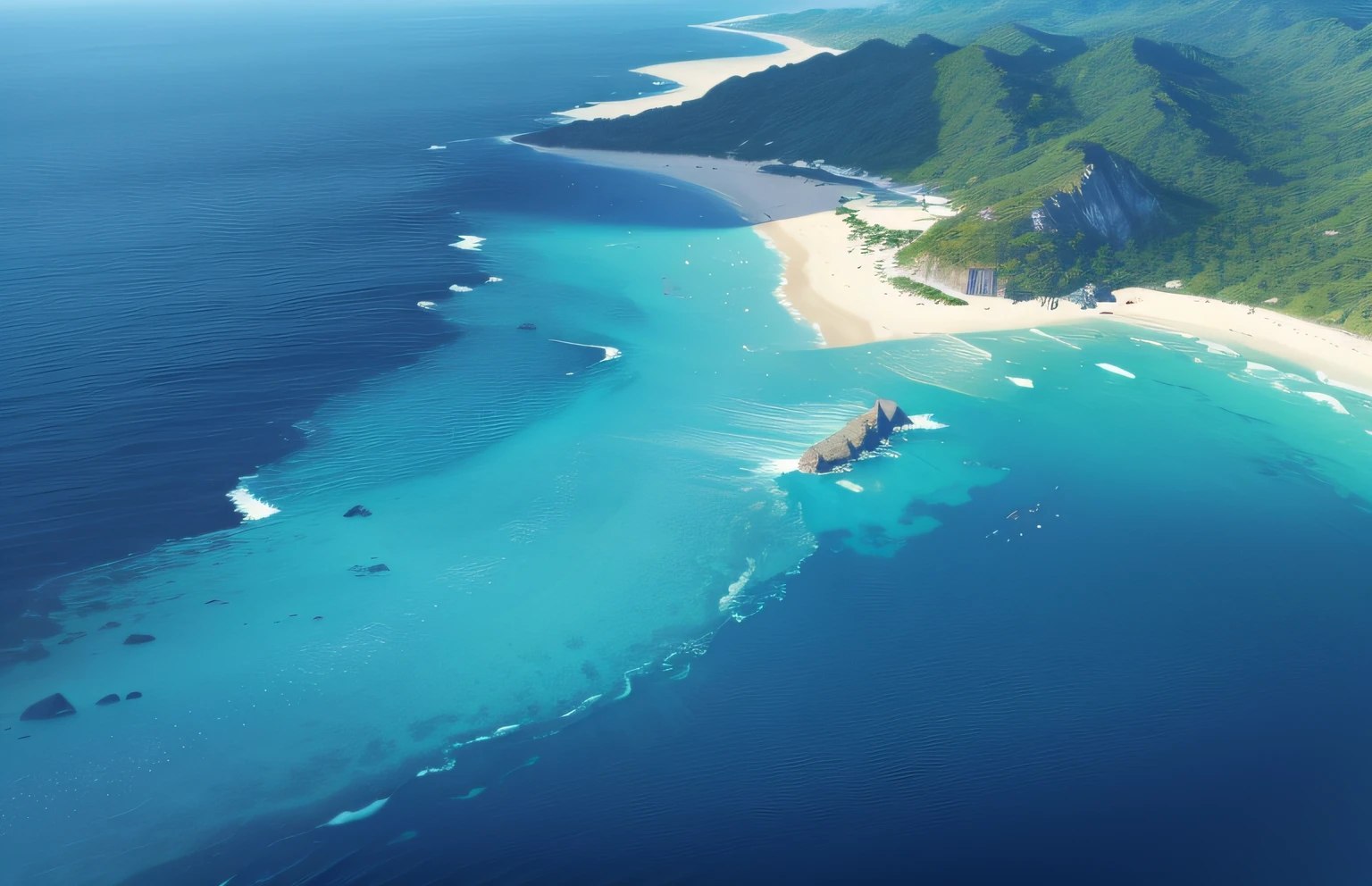 archipelago seen from above, oceano azul com ondas calmas, dense vegetation, areia clara