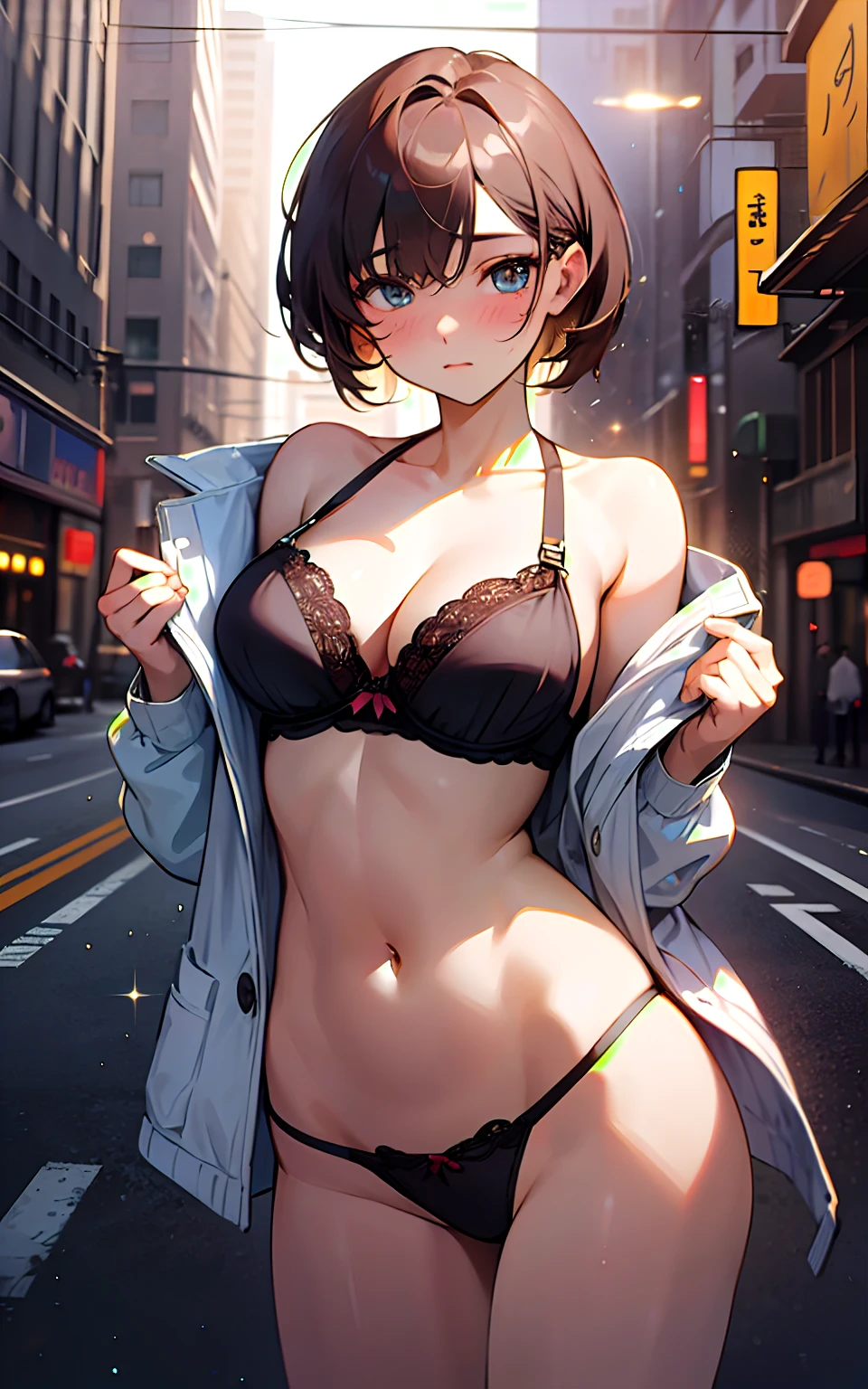 (Original Character、Unity 16K wallpaper, Masterpiece, Best quality, Ultra-detailed, Extremely detailed, Caustics, Cinematic lighting, Detailed, Beautiful detailed eyes), 超高分辨率, Fine skin, (Busy city:1.2、Strong light,30 years old,,glitters、Blush、Show off sexy bras,bust up、Cowboy shot:1.2)、(Illuminate the subject、Undressing,Open clothes、above chest),Casual、cleavage