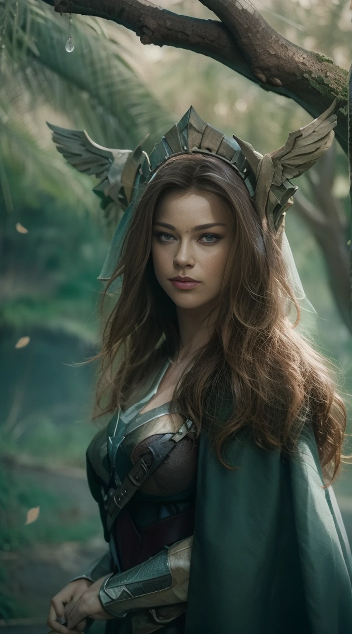 A woman alone in green queen armor standing under a cherry tree, uma bela rainha, fantasia, Rainha elfa bonita de cabelo preto e elegante, olhos verdes e com rosto bem detalhado, estilo de arte a oleo, Arte de fantasia 8k, fantasia de arte bem realista, elegant cinematic fantasy art, cenario fantastico.