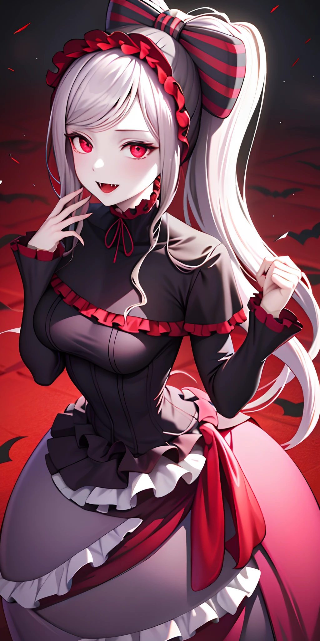 Female, silver hair, vampire fangs, gothic dress, holding a blood-red rose, seductive gaze