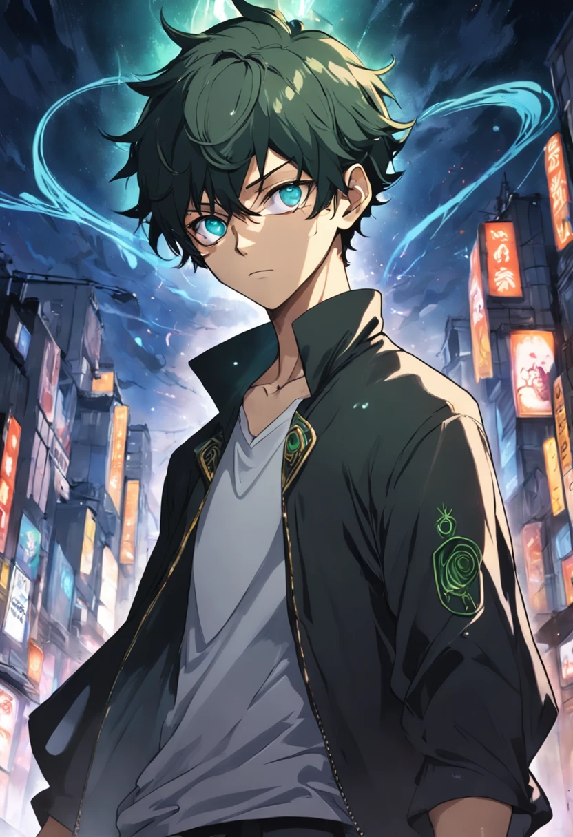 asta de black cloverImagine um homem de 27 anos com cabelos curtos e marrons escuros, that are carefully combed. His piercing eye is greenish, conveying a mixture of mystery and intensity. Ele veste grande, bright prescription glasses resembling fly eyes, giving it a peculiar and mysterious appearance. your body is defined, embora esteja ocultado por vestes largas, suggesting a relaxed style of dress. On your arm, ele tem uma tatuagem intrincada, which is a mixture of symbols and images, telling a unique and enigmatic story. Around your neck, He wears a cord with the symbol of an extraterrestrial, adding an extra dose of mystery to your persona. He's in an urban environment, with tall buildings in the background, indicando uma cidade moderna. The afternoon sunlight casts a soft glow over her, destacando sua figura e as peculiaridades de seu visual. No geral, a imagem transmite a ideia de um homem intrigante, with an enigmatic aura and a connection to the unknown