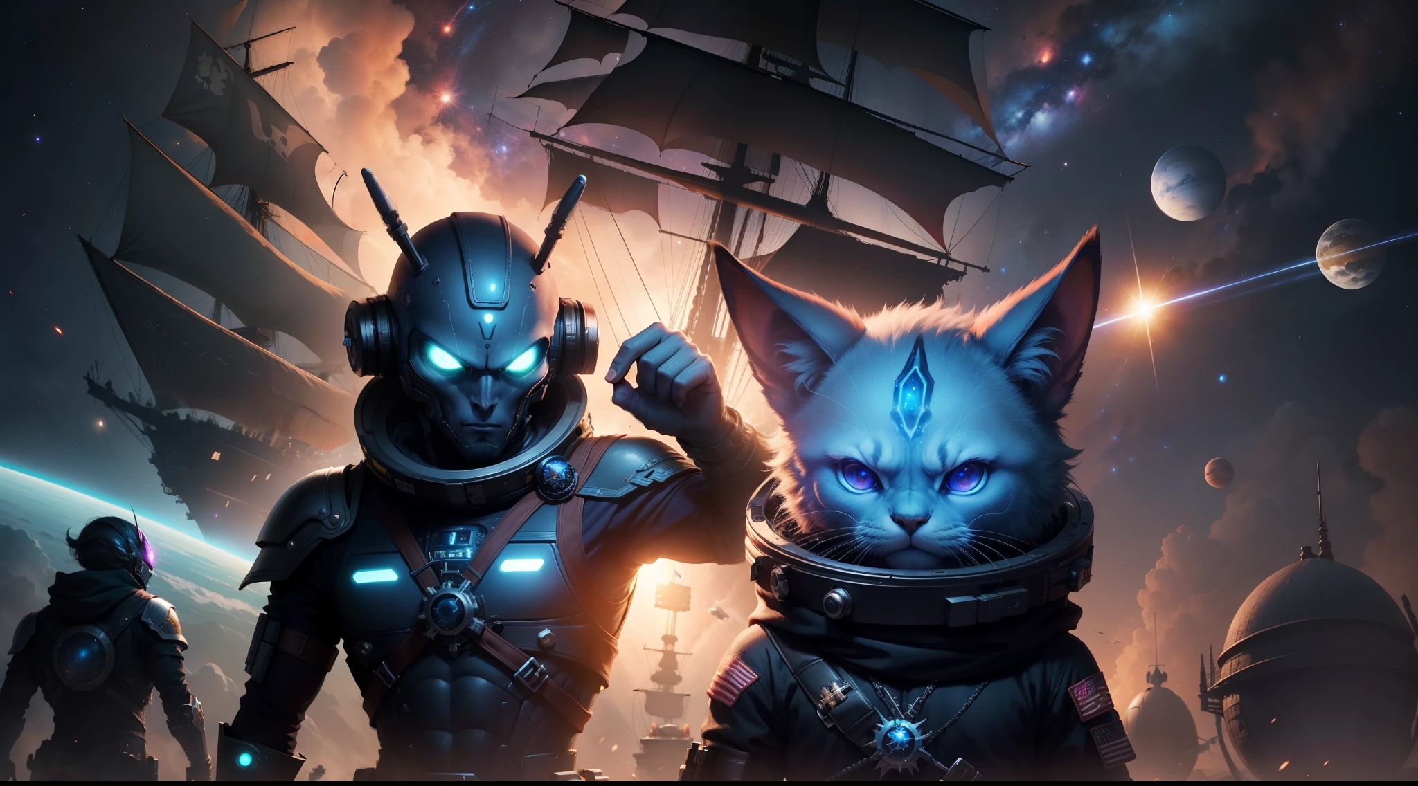 "([space pirate-android:1.2] + [Alien Pet:1.1]) + z [humor] + on the shoulder, (cosmic) + Ship, 8K"