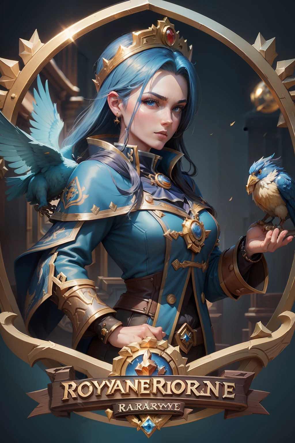 (((Logo In the style of the game RUSH ROYAL))) Close-up of blue and gold coat of arms with two birds, Royal insignia in the background, 8k high quality detailed art, by Fyodor Rokotov, royality, fantasy hearthstone art style, Royalcore, coat of arms, discord profile picture, Royal relief, Kingdom of Royalties, heraldry, Hearthstone Art Style, Rich blue colors, Hearthstone art, Visualized art