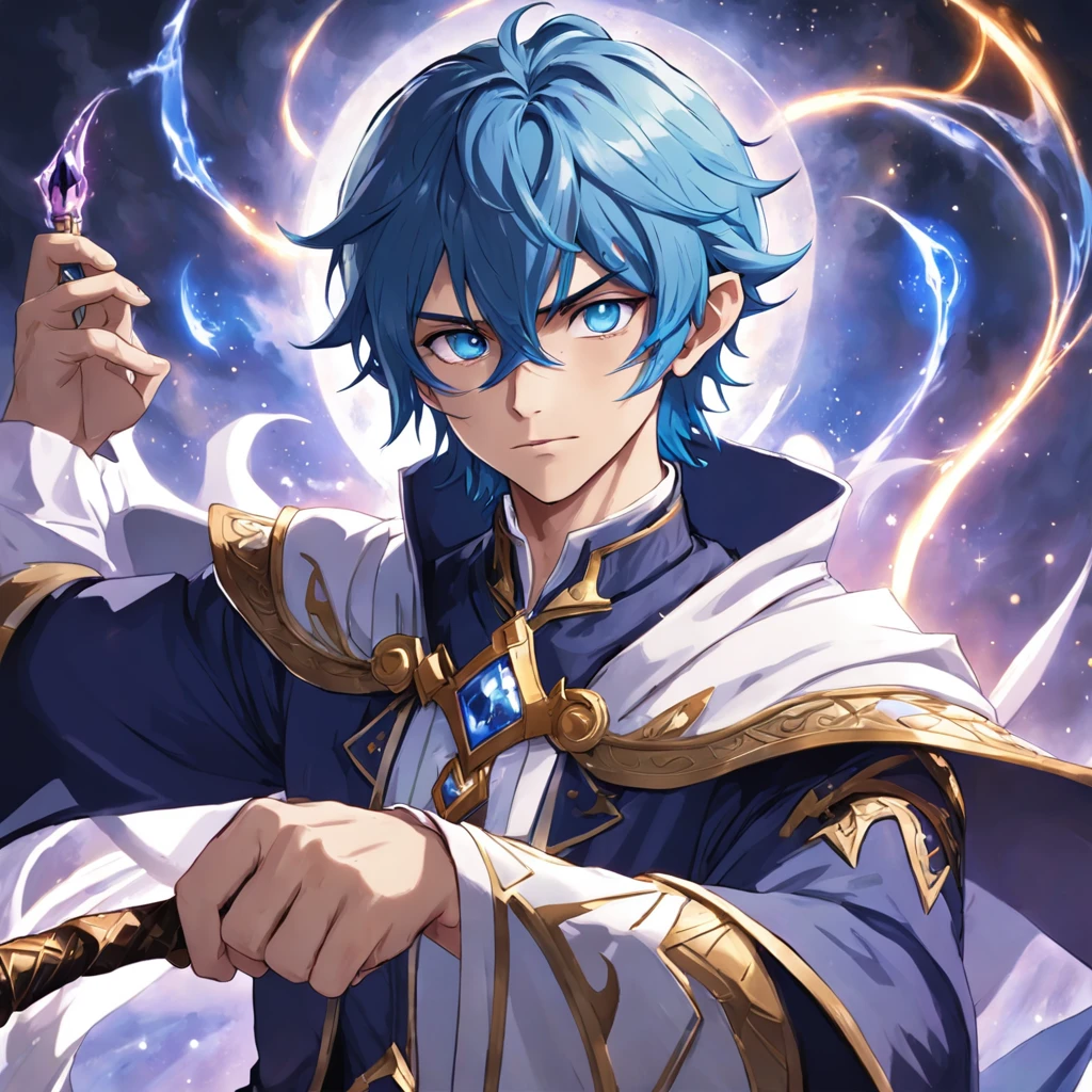 Nome: Sebastian Gender: Male Race: Elf Appearance: Sebastian is a blue-haired elf that cascades over his shoulders. Seus olhos vermelhos brilham com intensidade, Revealing Your Connection to Magic. He's slender and tall, typical of your breed. Vestimenta: Sebastian veste uma manta branca elegante com detalhes em preto e dourado, que contrastam de forma impressionante com seus cabelos e olhos. He carries a magic staff in white, an extension of his magical power. A leather bag is always slung over your shoulder, containing ingredients and essential items for your spells. Profession: Mago Personalidade: wise, calmo, reservado e apaixonado pelo estudo da magia. Background Story: Desde jovem, Sebastian suffered from the magic and was welcomed by a powerful circle of wizards. He formed his life to the study of the arcane arts and is now considered a gifted and laudatory magician. Objetivos/Motivations: Sebastian seeks to maintain his magical knowledge and find ways to utilize magic to benefit his people and his kingdom. Relacionamentos: He keeps in touch with other mages in his circle, muitos dos quais se tornaram seus amigos e mentores. His relationship with the elf royalty is cordial, as he is occasionally consulted for advice on magical and political matters.
