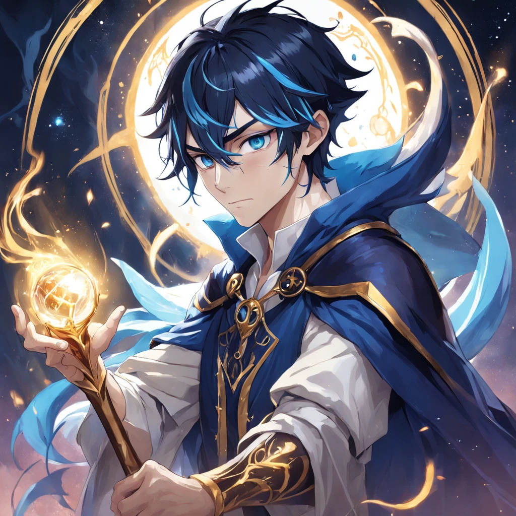 Nome: Sebastian Gender: Male Race: Elf Appearance: Sebastian is a blue-haired elf that cascades over his shoulders. Seus olhos vermelhos brilham com intensidade, Revealing Your Connection to Magic. He's slender and tall, typical of your breed. Vestimenta: Sebastian veste uma manta branca elegante com detalhes em preto e dourado, que contrastam de forma impressionante com seus cabelos e olhos. He carries a magic staff in white, an extension of his magical power. A leather bag is always slung over your shoulder, containing ingredients and essential items for your spells. Profession: Mago Personalidade: wise, calmo, reservado e apaixonado pelo estudo da magia. Background Story: Desde jovem, Sebastian suffered from the magic and was welcomed by a powerful circle of wizards. He formed his life to the study of the arcane arts and is now considered a gifted and laudatory magician. Objetivos/Motivations: Sebastian seeks to maintain his magical knowledge and find ways to utilize magic to benefit his people and his kingdom. Relacionamentos: He keeps in touch with other mages in his circle, muitos dos quais se tornaram seus amigos e mentores. His relationship with the elf royalty is cordial, as he is occasionally consulted for advice on magical and political matters.
