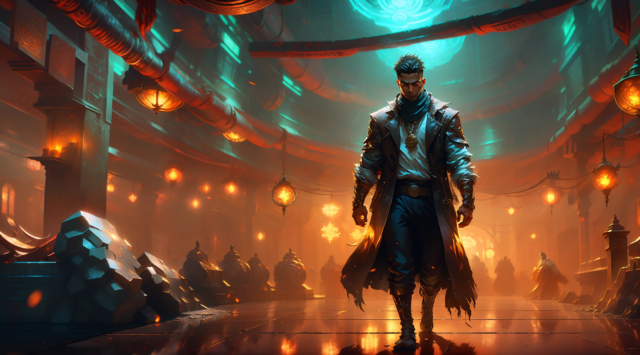 In a dimly lit underground vault, a man finds himself surrounded by the cold steel walls of a bank vault. The air is tinged with the faint scent of metal and dust, and a low hum of ventilation provides the only constant sound. Stacks of currency, both crisp bills and weathered notes, lay strewn across the floor, creating an opulent mosaic of wealth at his feet. The flickering light from an overhead bulb casts eerie shadows across the room, giving the scene an almost surreal quality.

Against one wall, towering shelves stretch upward, their polished surfaces gleaming like mirrors. These shelves are lined with neat rows of safety deposit boxes, each door sporting a unique combination of numbers and letters. Some of the boxes stand open, revealing their contents—diamond-studded watches, glinting gold bars, and precious gemstones that catch the light and send colorful reflections dancing around the room.

The man's footsteps echo as he paces among the riches, his fingers brushing against the cool, smooth edges of the money stacks. The crisp notes crinkle faintly beneath his touch, a tangible reminder of the overwhelming fortune surrounding him. A leather duffle bag sits discarded on the ground, its zipper half-open as if it couldn't contain the sheer abundance of wealth it was meant to hold.

As the man moves, his gaze is drawn to a heavy steel door on the far side of the room. It stands slightly ajar, revealing a tantalizing glimpse of the vault's entrance—an imposing circular door with intricate gears and locking mechanisms. The vault's history is palpable, its weighty presence evoking both the security and secrecy it was designed to uphold.

In this surreal tableau, the man's emotions are a mix of awe, excitement, and perhaps a hint of trepidation. He stands alone within this haven of riches, a modern-day Midas with the world's wealth at his fingertips, yet surrounded by the very symbols of security that keep it all confined, in a modern bank.