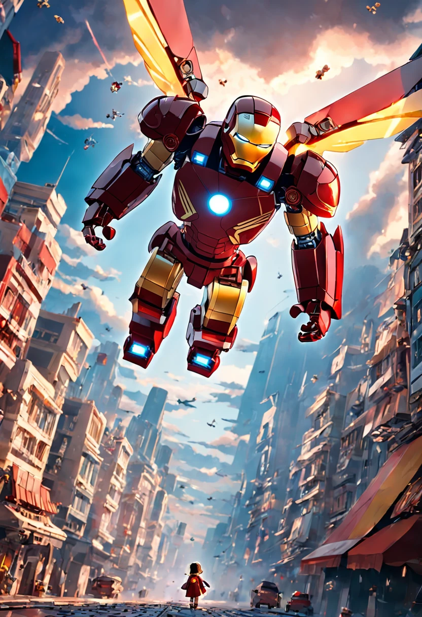 A masterpiece  Lego Ironman Flying in the Sky of a City, HD