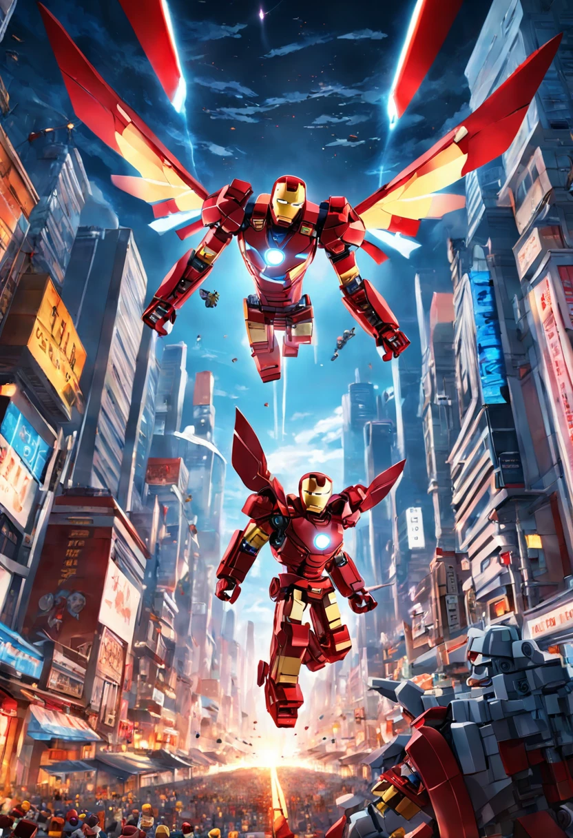 A masterpiece Lego Ironman Flying in the Sky of a City, HD