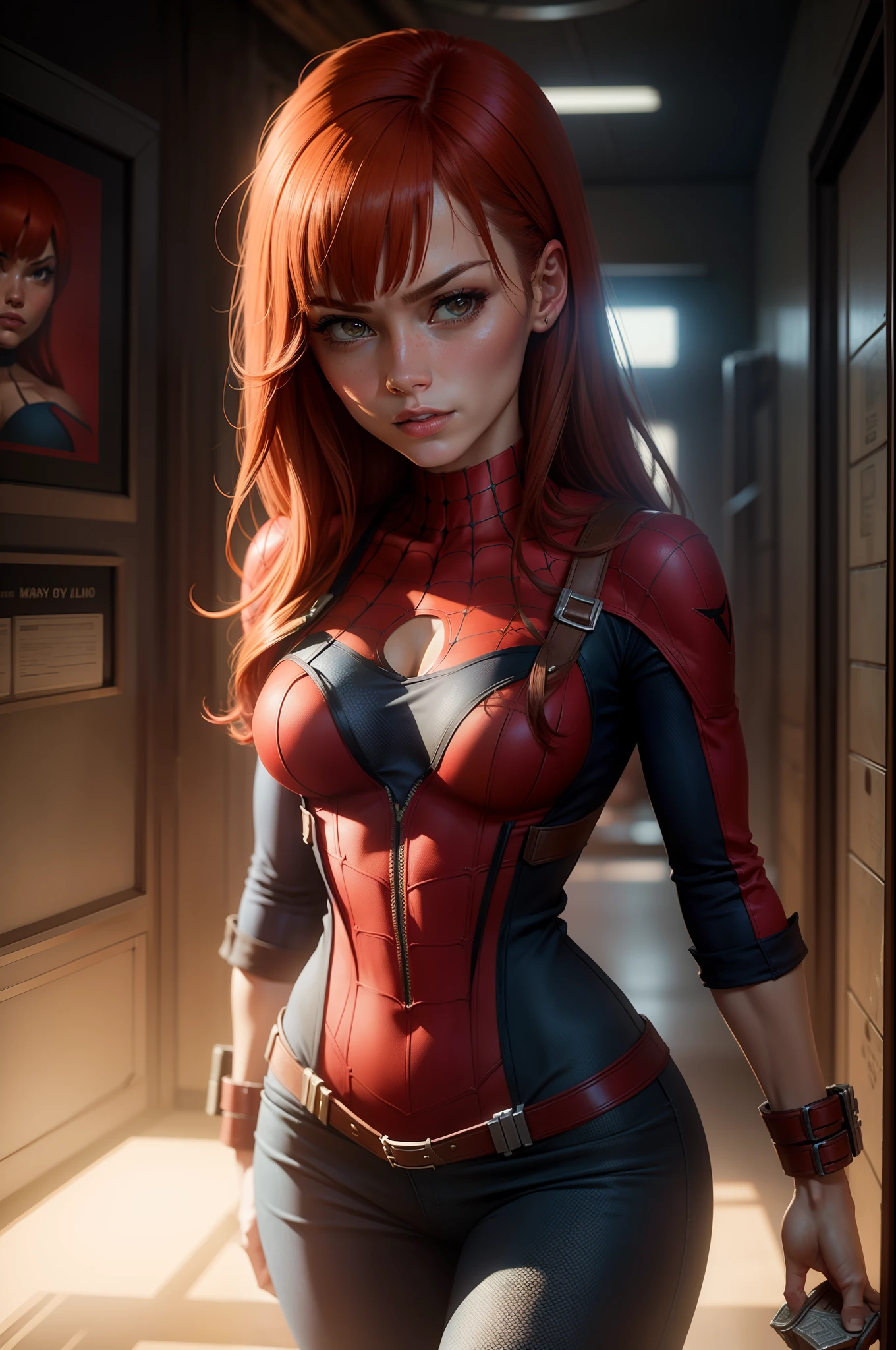4k, realistic, charismatic, lots of detail, there's a girl in the room wearing the spider-man costume, she's a spider-man, white superhero theme, long red hair, 25 years old, full body