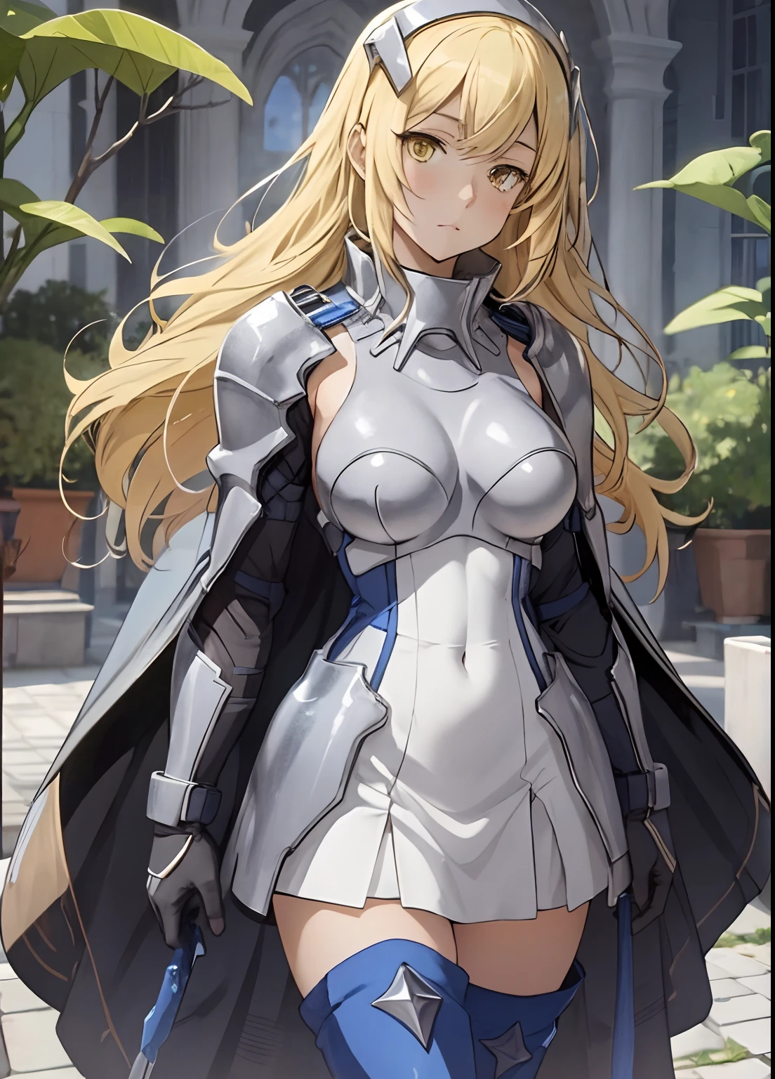 ais, 1girl, solo, blonde hair, armor, long hair, straight hair, thighhighs, boots, dress, yellow eyes, thigh boots, blue long boots, blue footwear, covered navel, breastplate, shoulder armor, gloves, white dress outdoor, sunny, standing