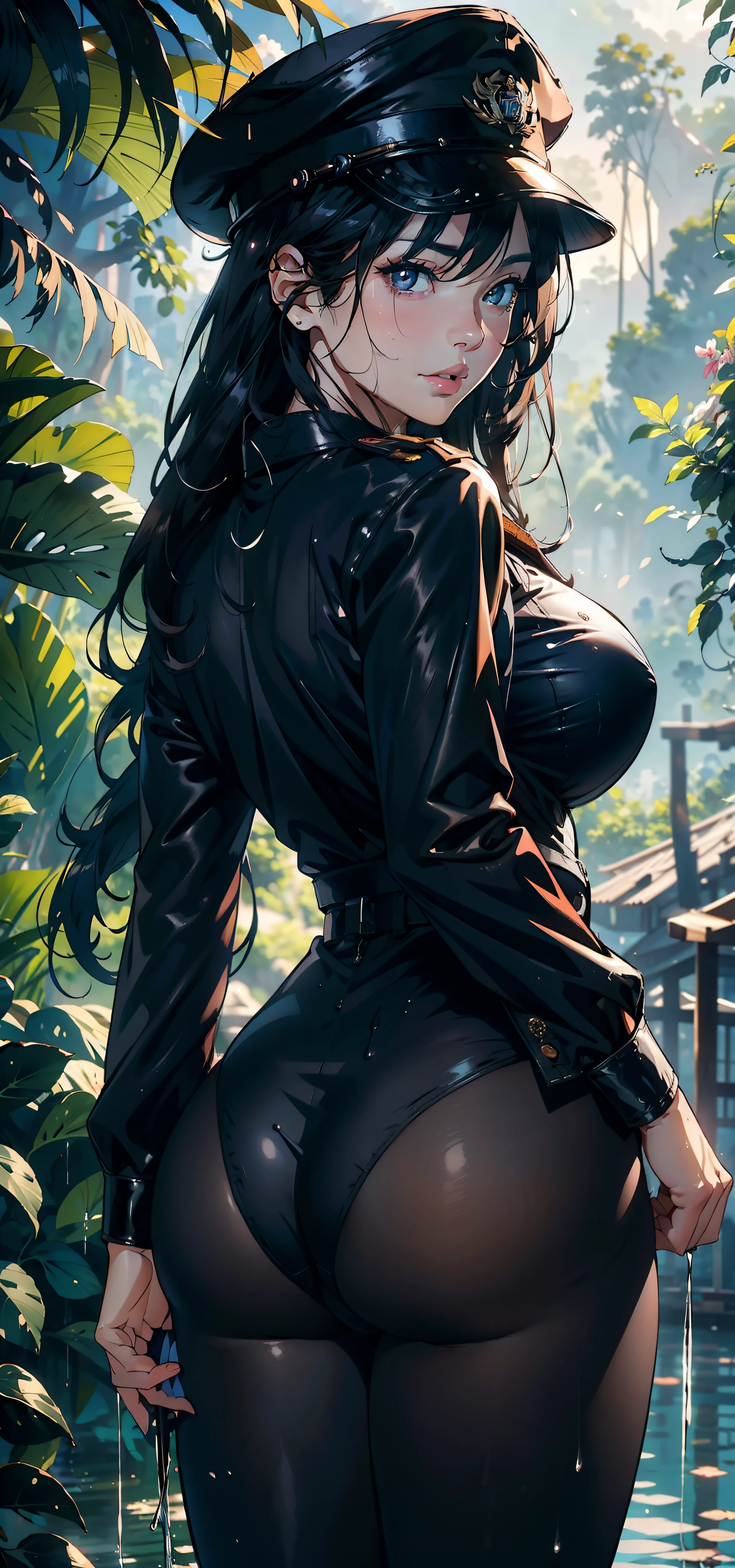 1female，35yo，huge-breasted，long leges，Pornographic exposure， 独奏，（Background with：hilltop，the rainforest，in summer，Standing water on the ground，exteriors） Feel free to hairstyle，Stride，Sweat profusely，drenched all over the body，seen from the front，Long black hair ， mostly cloudy sky，（（（tmasterpiece），（Very detailed CG unity 8K wallpaper），best qualtiy，cinmatic lighting，detailed back ground，beatiful detailed eyes，Bright pupils，（Very fine and beautiful），（Beautiful and detailed eye description），ultra - detailed，tmasterpiece，）），face to the viewer，frontage，A high resolution，ultra - detailed）nakeness，Wipe off panties，revealing breasts，Bare genitalia， Bulge，Camel toes，Raised sexy，Lewd expression，Flushed complexion，Open-mouthed，frontage，military hat，（Wearing：naval uniform，Black pantyhose）