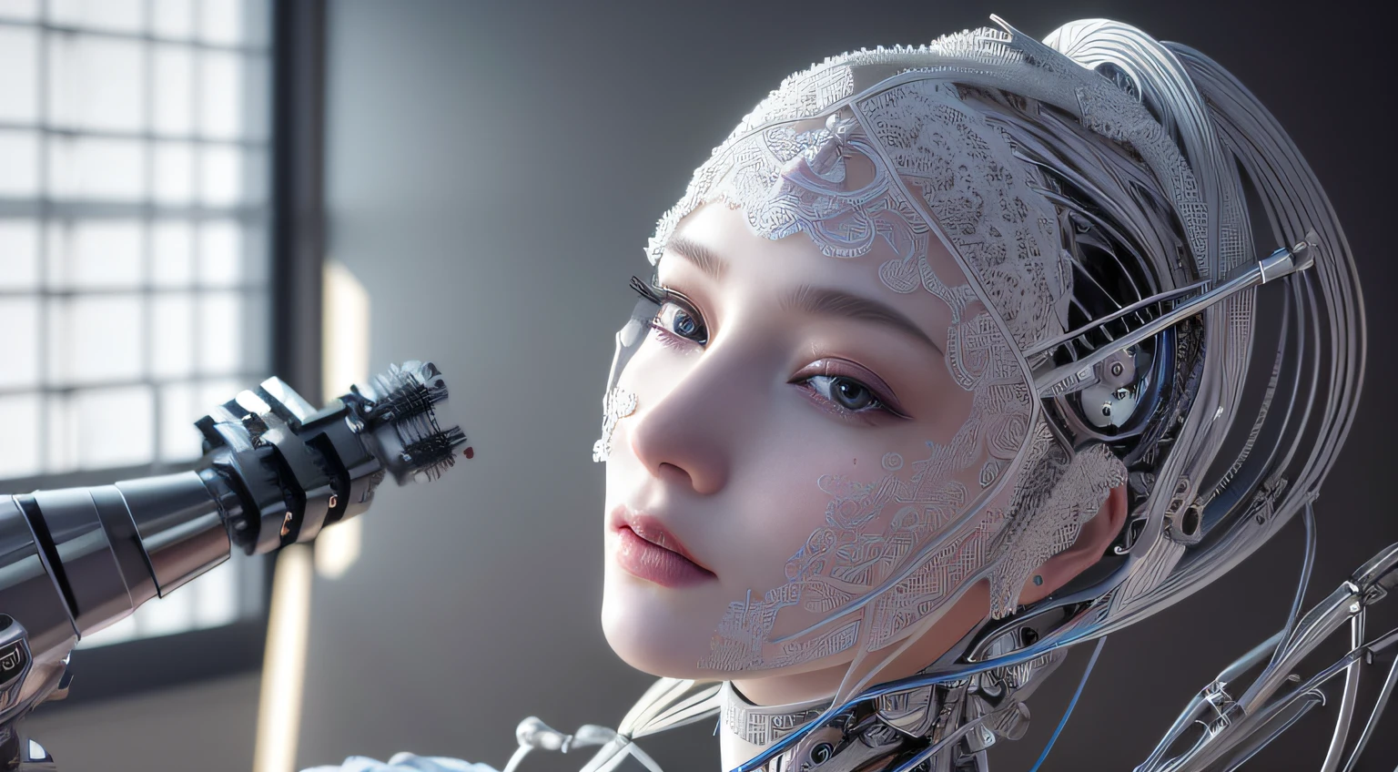 complex 3d render ultra detailed of a beautiful porcelain profile woman android face, cyborg, robotic parts, 150 mm, beautiful studio soft light, rim light, vibrant details, luxurious cyberpunk, lace, hyperrealistic, anatomical, facial muscles, cable electric wires, microchip, elegant, beautiful background, octane render, H. R. Giger style, 8k, best quality, masterpiece, illustration, an extremely delicate and beautiful, extremely detailed ,CG ,unity ,wallpaper, (realistic, photo-realistic:1.37),Amazing, finely detail, masterpiece,best quality,official art, extremely detailed CG unity 8k wallpaper, absurdres, incredibly absurdres, , robot, silver halmet, full body, sitting