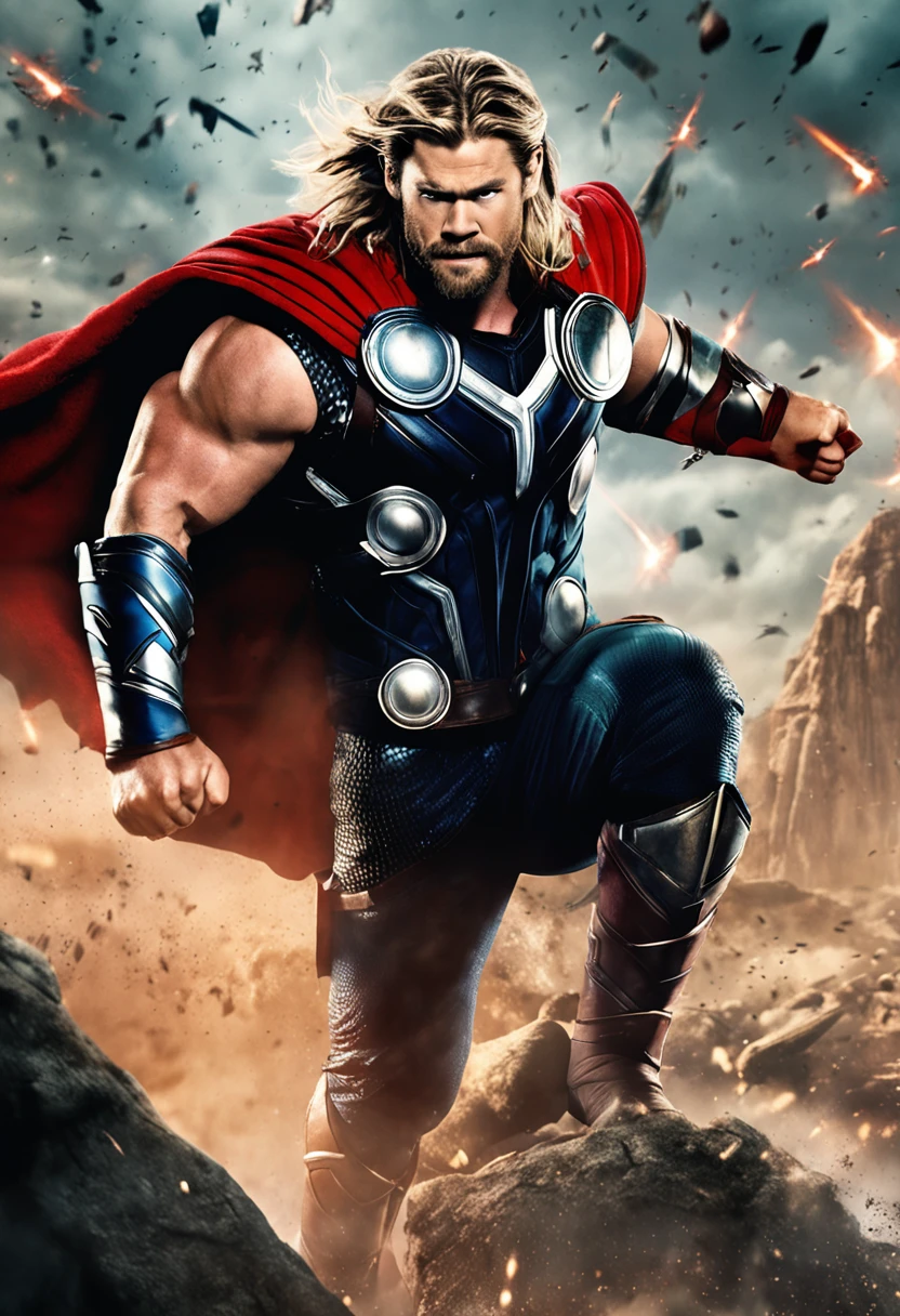 I would like to request the creation of a realistic and perfect image of the character Thor, baseado no ator Chris Hemsworth. The main focus is to capture the iconic appearance of Thor as represented by Chris Hemsworth in the Marvel films.