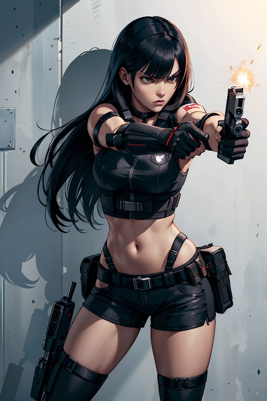 Resident evil girl long black hair with straight bangs black shorts with holster, black clothes, tactical holster, and holding pistol, shooting, shot, shots, spark, angry, Fighting, fight,