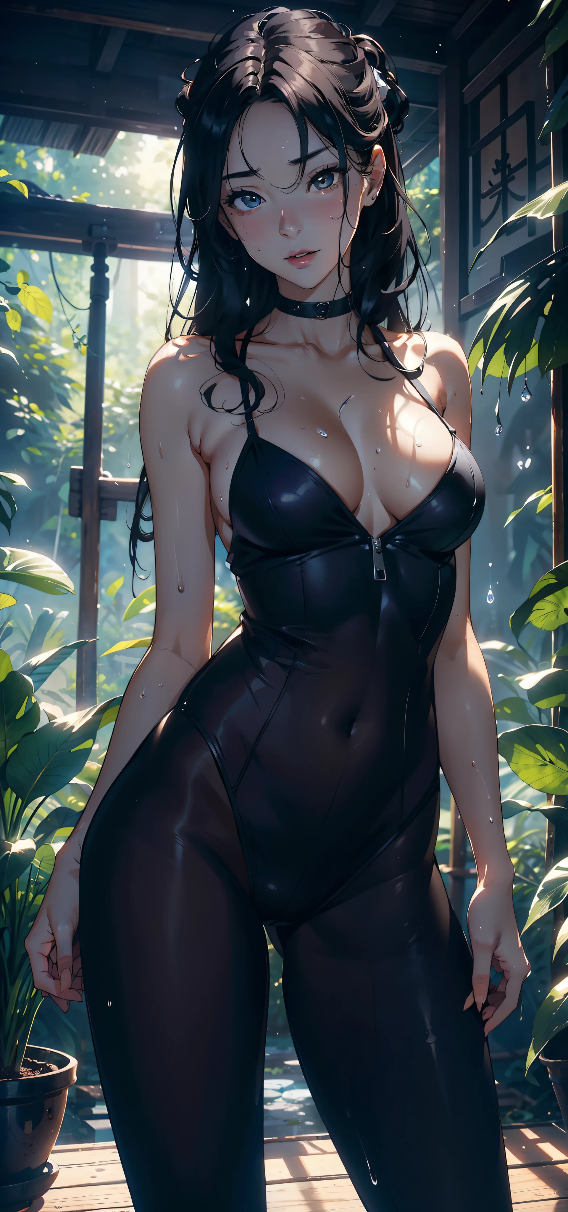 1female,25 age old,Large breasts,long leges,Big breasts Thin waist,Pornographic exposure, 独奏,(Background with:ln the forest,the rainforest,in summer) with his long black hair,standing on your feet,Sweat profusely,drenched all over the body,seen from the front, curlies, mostly cloudy sky,(((tmasterpiece),(Very detailed CG unity 8K wallpaper),best qualtiy,cinmatic lighting,detailed back ground,beatiful detailed eyes,Bright pupils,(Very fine and beautiful),(Beautiful and detailed eye description),ultra - detailed,tmasterpiece,)),facing at camera,A high resolution,ultra - detailed),revealing breasts,Bare genitalia, Bulge,Camel toes,Raised sexy,Flushed complexion,Open-mouthed,frontage,Japanese high school girl(Wearing:Small suit,Pantyhose)nakeness,high-heels