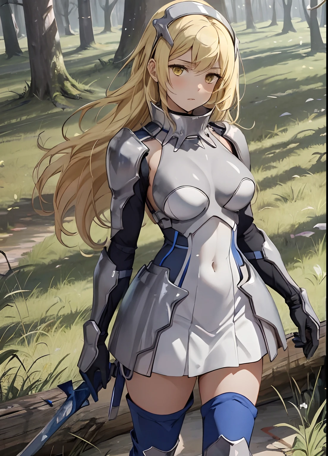 ais, 1girl, solo, blonde hair, armor, long hair, straight hair, thighhighs, boots, dress, yellow eyes, thigh boots, blue long boots, blue footwear, covered navel, breastplate, shoulder armor, gloves, white dress outdoor, sunny, standing