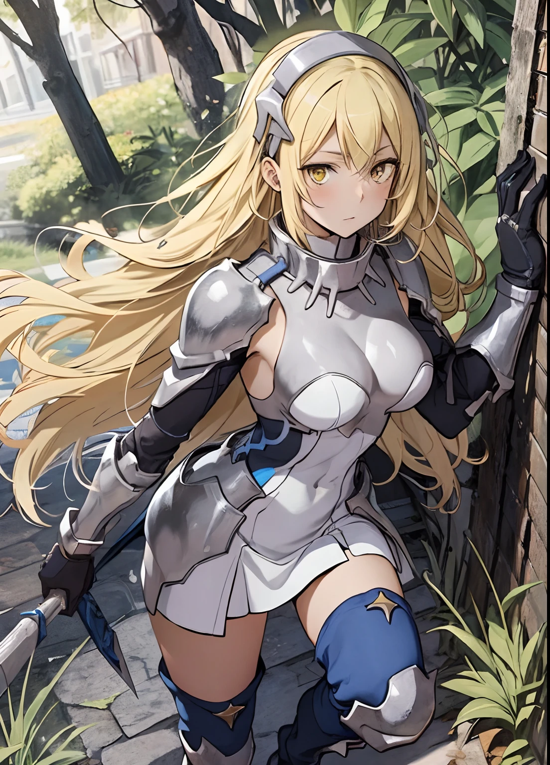 ais, 1girl, solo, blonde hair, armor, long hair, straight hair, thighhighs, boots, dress, yellow eyes, thigh boots, blue long boots, blue footwear, covered navel, breastplate, shoulder armor, gloves, white dress outdoor, sunny, standing